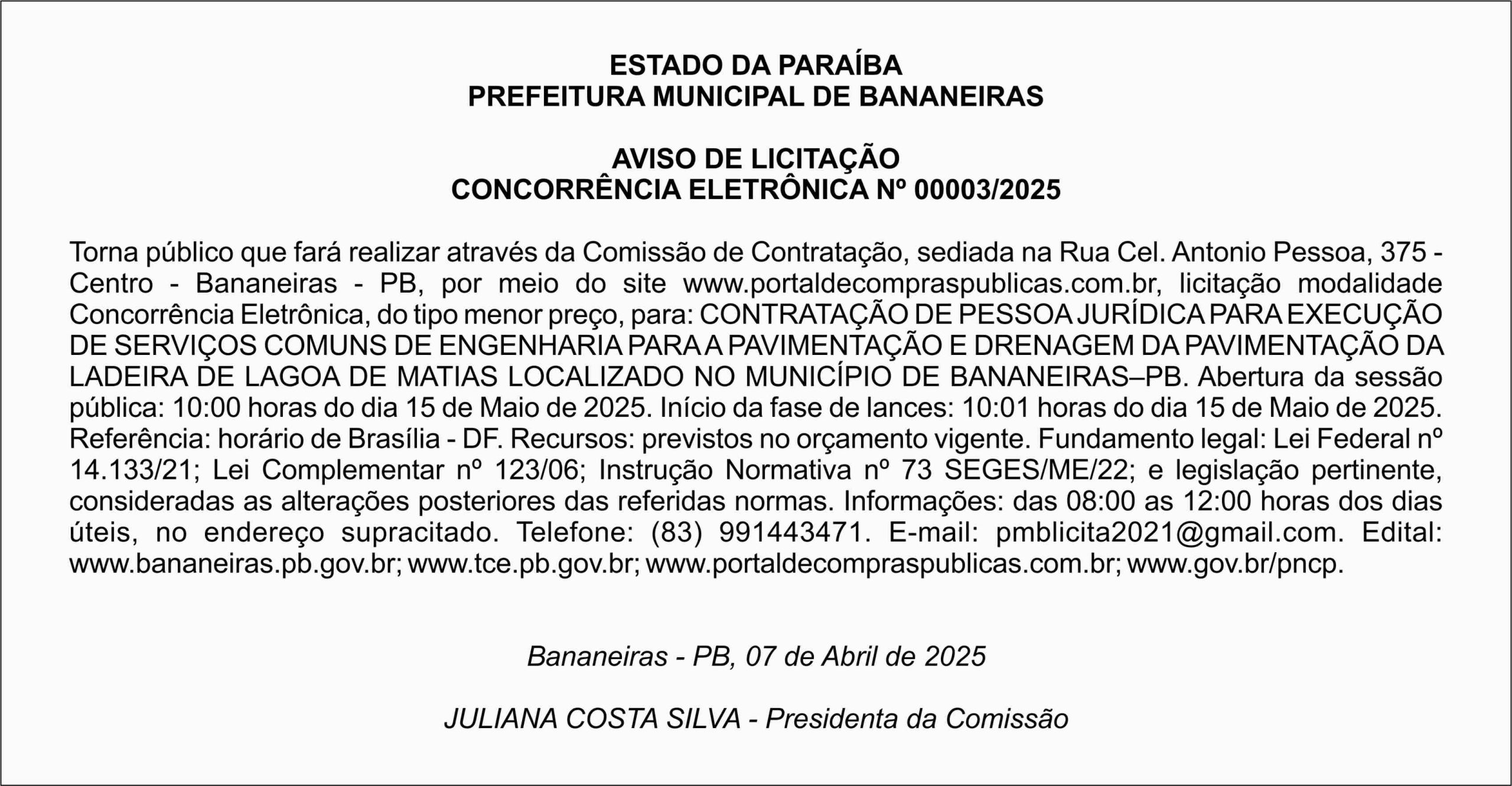 PREFEITURA MUNICIPAL DE BANANEIRAS – AVISO DE LICITAÇÃO – CONCORRÊNCIA ELETRÔNICA Nº 00003/2025