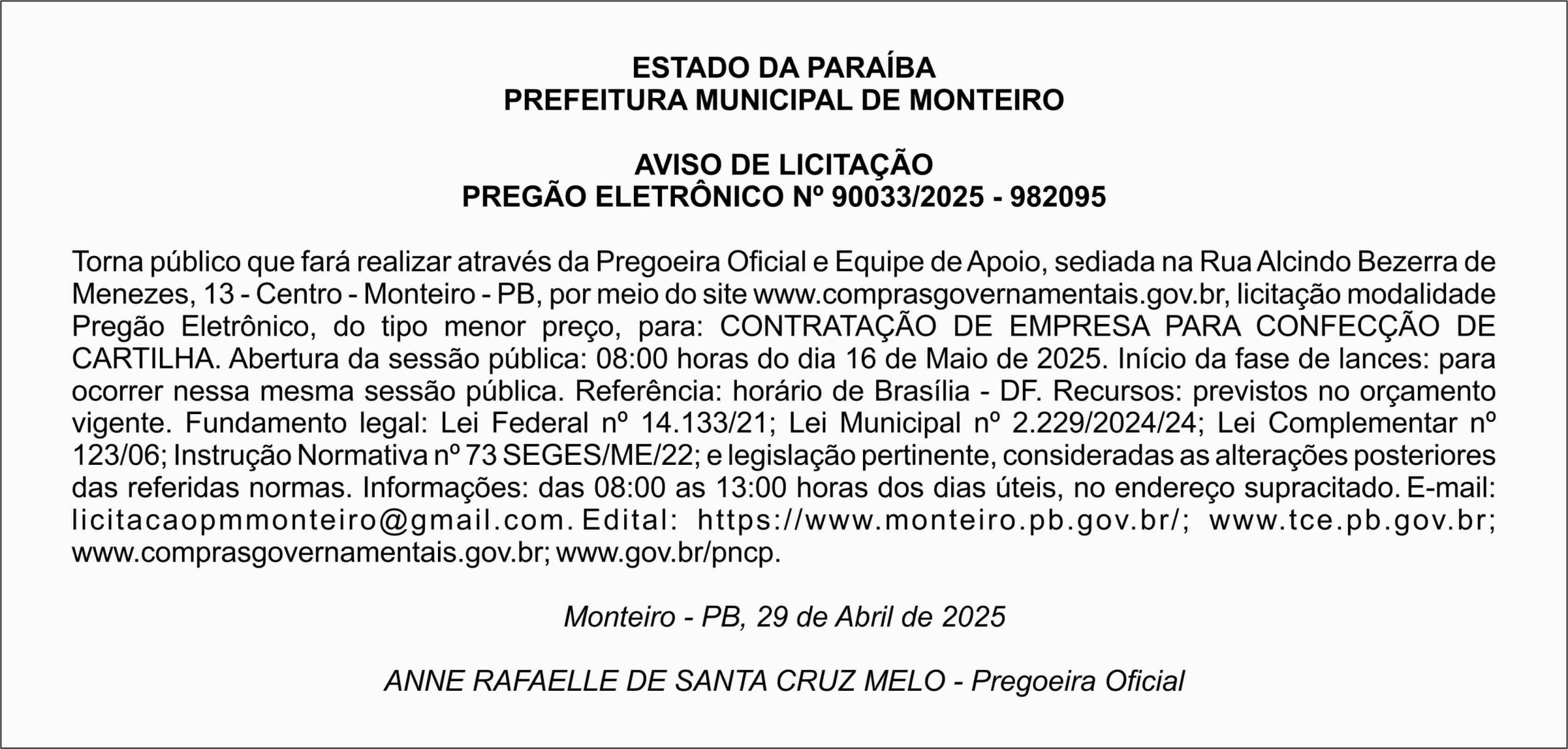PREFEITURA MUNICIPAL DE MONTEIRO – AVISO DE LICITAÇÃO – PREGÃO ELETRÔNICO Nº 90033/2025 – 982095