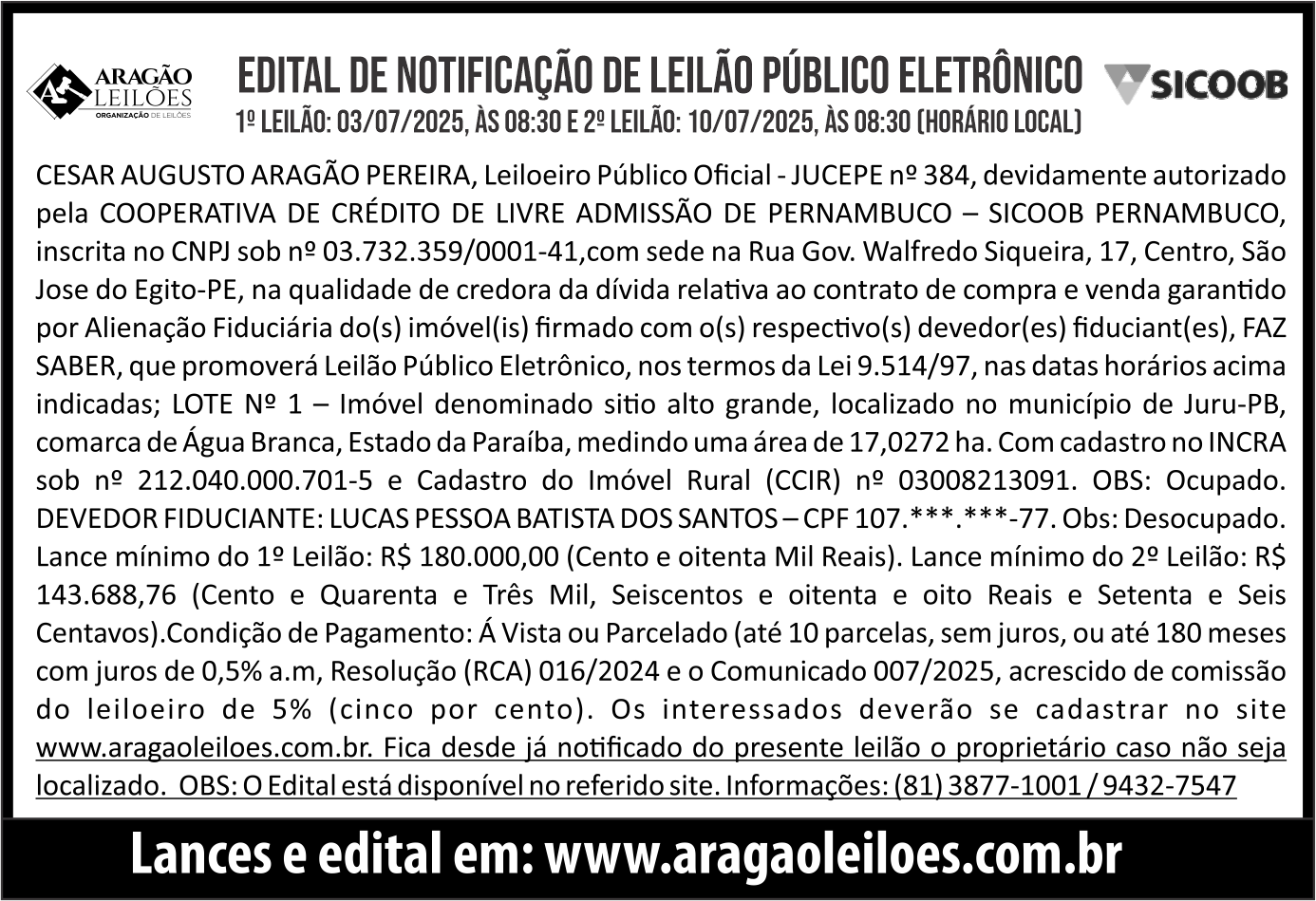 Edital de Notificação de Leilão Público Eletrônico