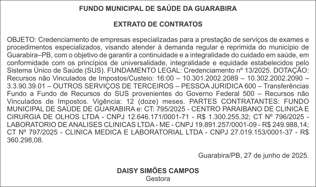 FUNDO MUNICIPAL DE SAÚDE DA GUARABIRA – EXTRATO DE CONTRATOS