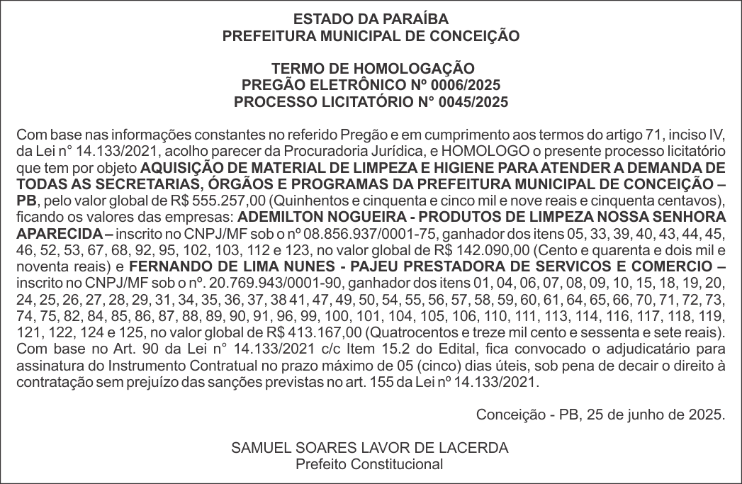 PREFEITURA MUNICIPAL DE CONCEIÇÃO – TERMO DE HOMOLOGAÇÃO – PREGÃO ELETRÔNICO Nº 0006/2025
