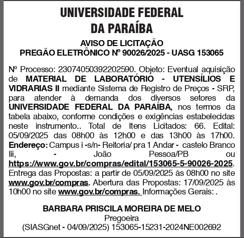 UFPB – AVISO DE LICITAÇÃO PREGÃO ELETRÔNICO No 90026/2025