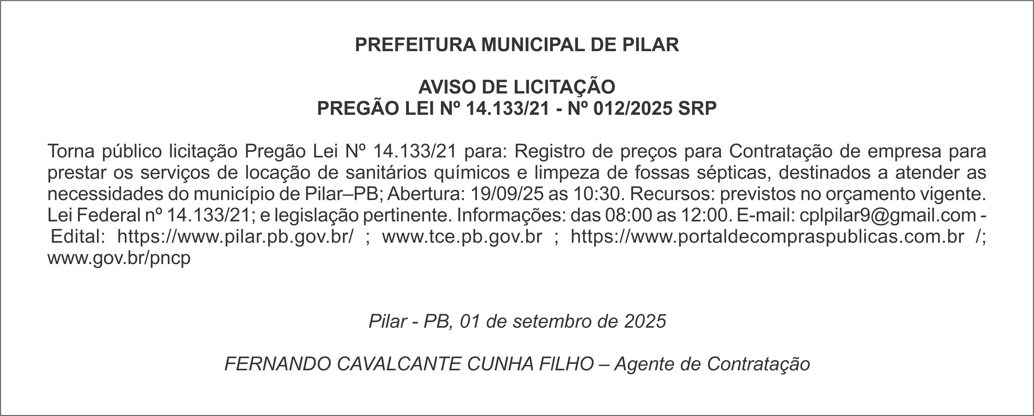 PREFEITURA MUNICIPAL DE PILAR – AVISO DE LICITAÇÃO