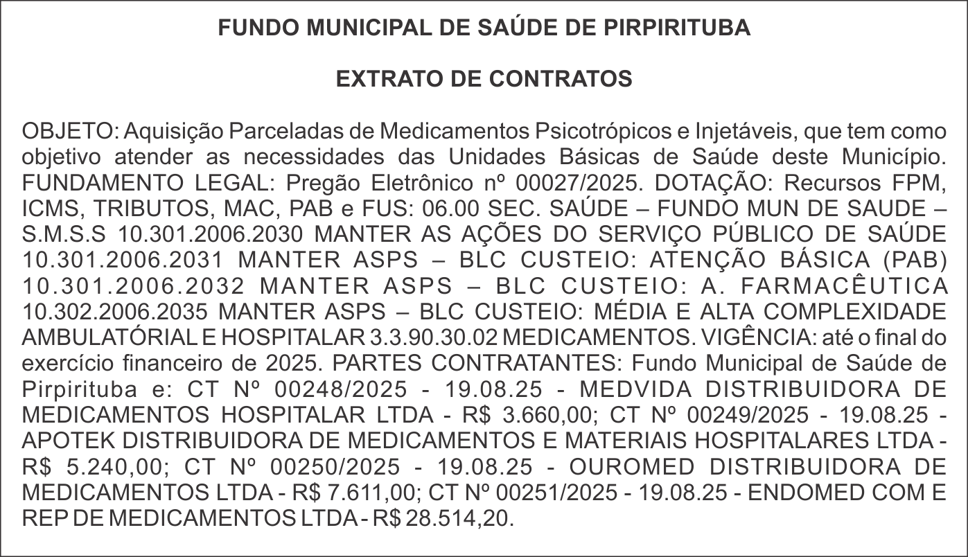PREFEITURA MUNICIPAL DE PIRPIRITUBA – EXTRATO DE CONTRATO