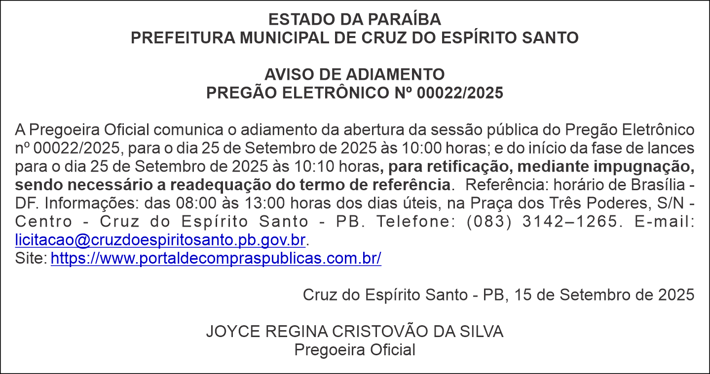 PREFEITURA MUNICIPAL DE CRUZ DO ESPÍRITO SANTO – AVISO DE ADIAMENTO – PREGÃO ELETRÔNICO Nº 00022/2025