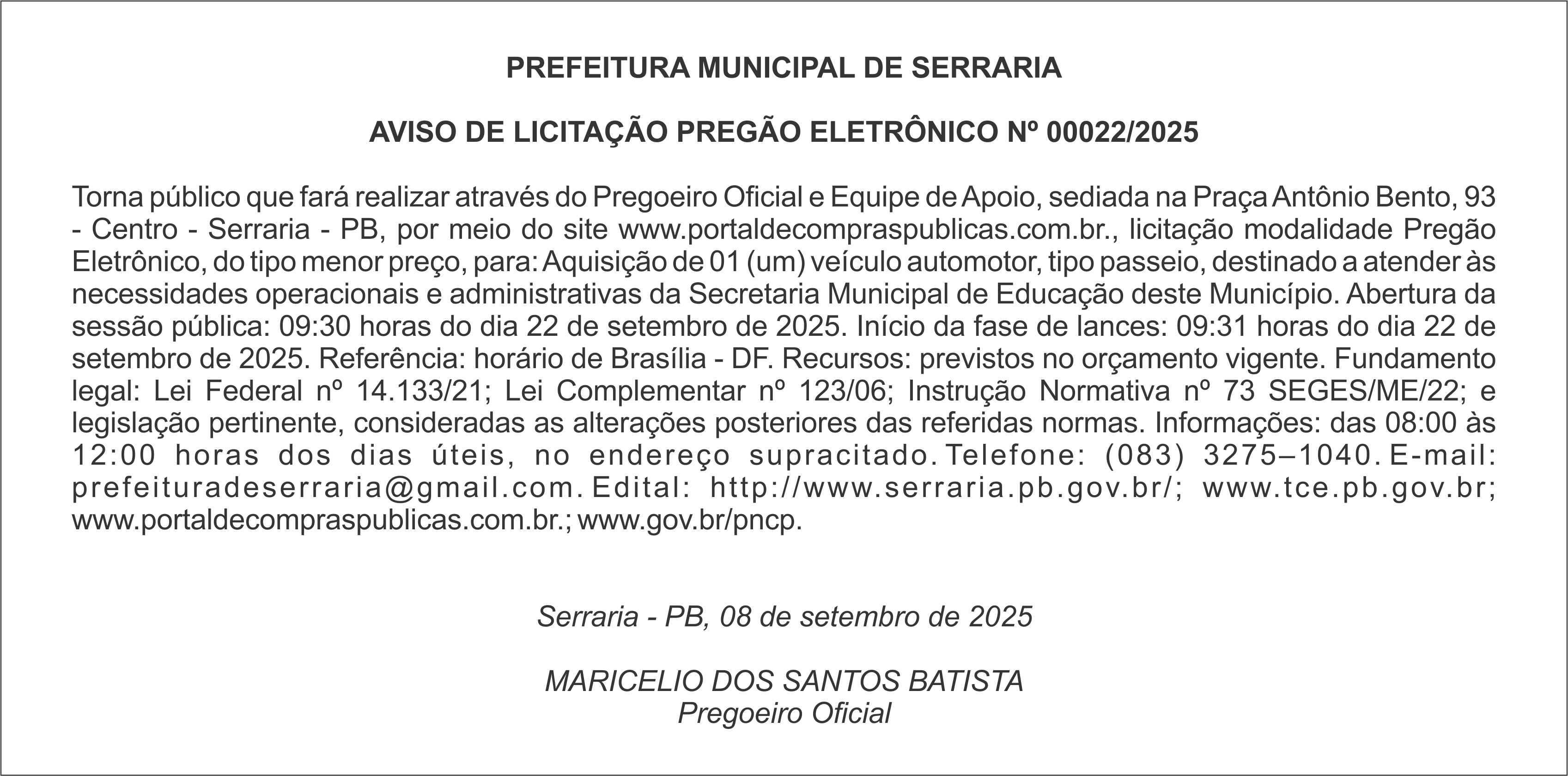 PREFEITURA MUNICIPAL DE SERRARIA – AVISO DE LICITAÇÃO – PREGÃO ELETRÔNICO Nº 00022/2025