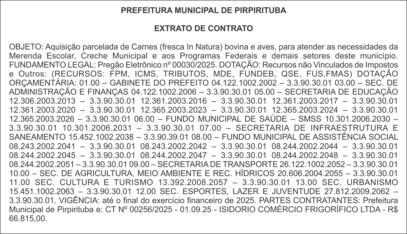 PREFEITURA MUNICIPAL DE PIRPIRITUBA – EXTRATO DE CONTRATO