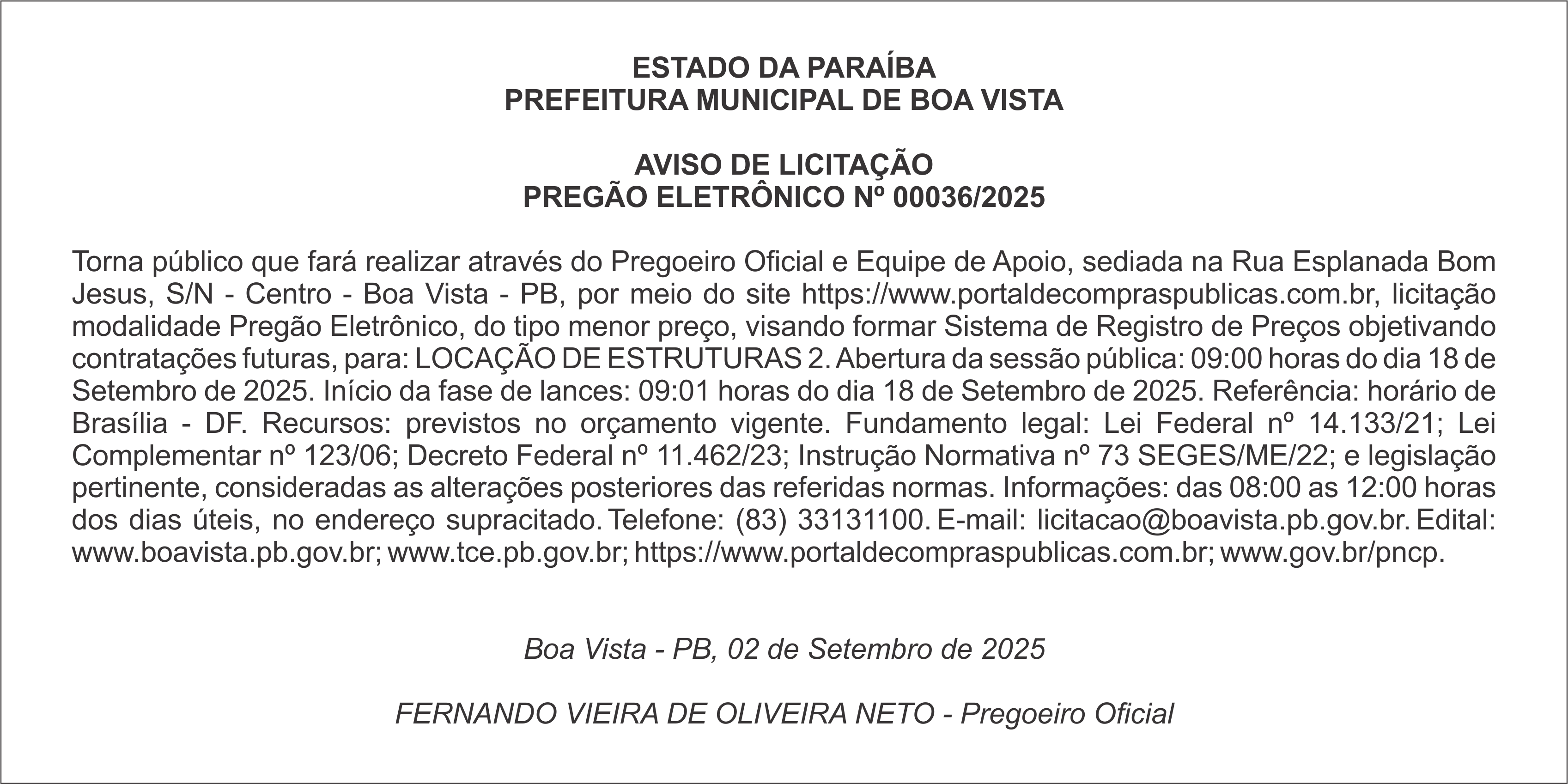 PREFEITURA MUNICIPAL DE BOA VISTA – AVISO DE LICITAÇÃO – PREGÃO ELETRÔNICO Nº 00036/2025