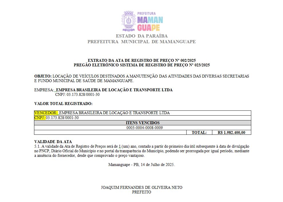 PREFEITURA MUNICIPAL DE MAMANGUAPE – EXTRATO DA ATA DE REGISTRO DE PREÇO Nº 002/2025 PREGÃO ELETRÔNICO SISTEMA DE REGISTRO DE PREÇO Nº 023/2025