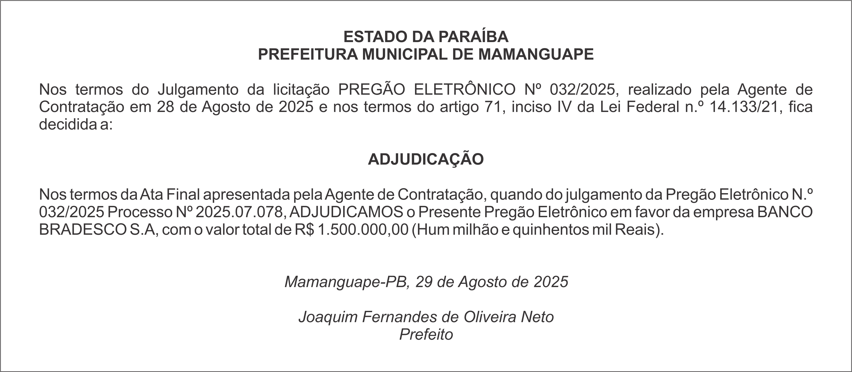 PREFEITURA MUNICIPAL DE MAMANGUAPE  – PREGÃO ELETRÔNICO Nº 032/2025 – ADJUDICAÇÃO