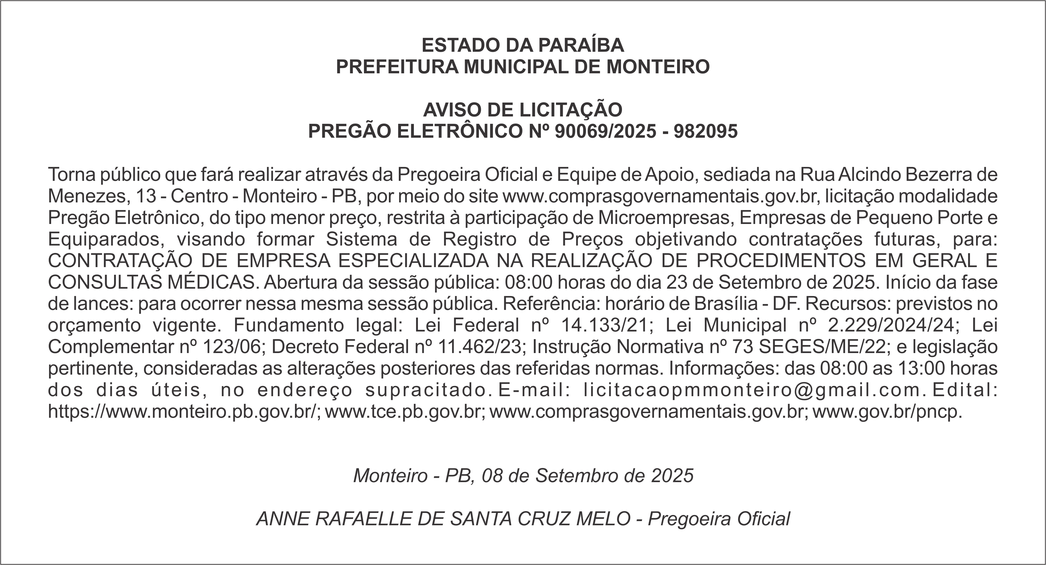 PREFEITURA MUNICIPAL DE MONTEIRO – AVISO DE LICITAÇÃO – PREGÃO ELETRÔNICO Nº 90069/2025 – 982095