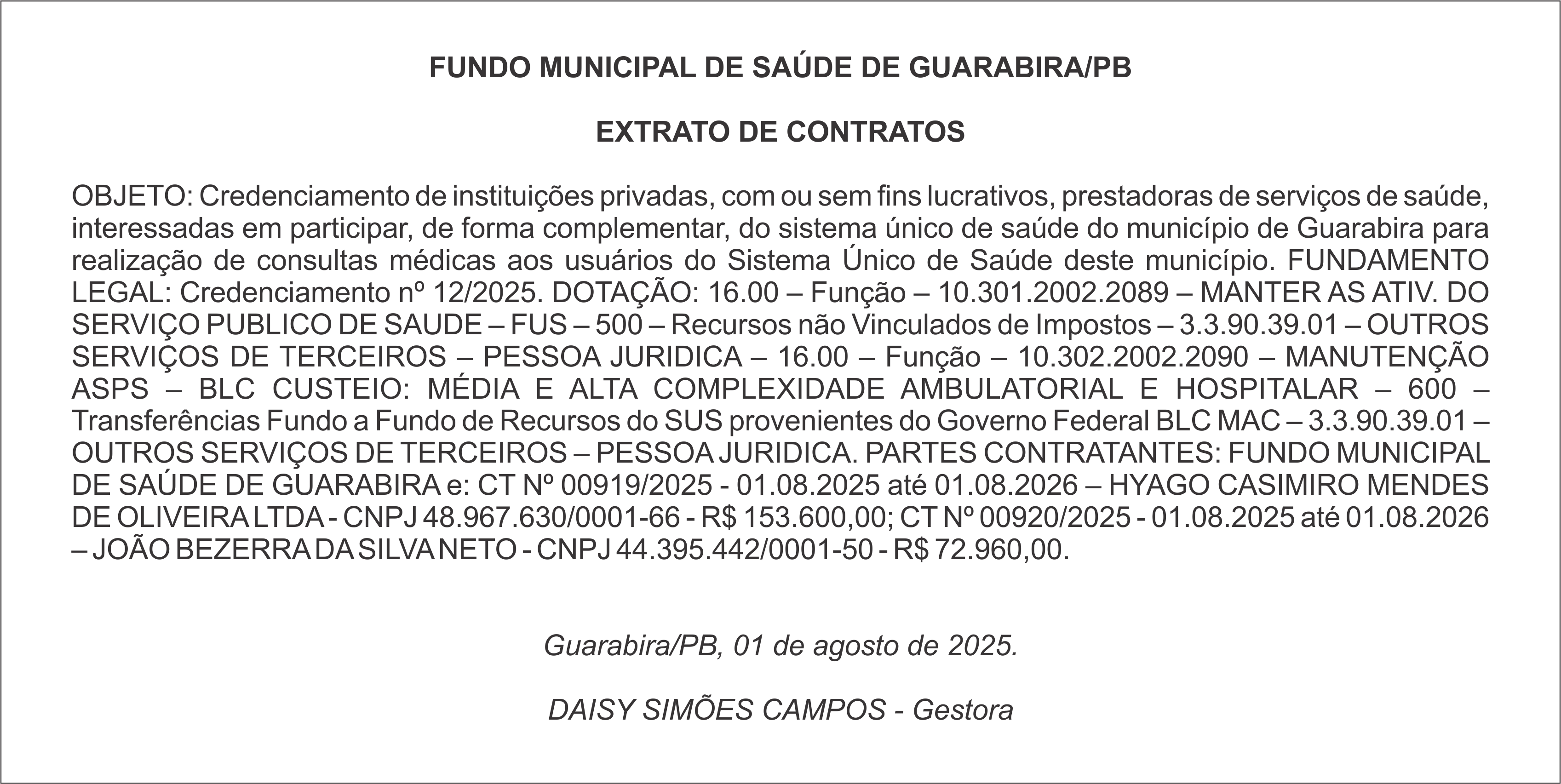 FUNDO MUNICIPAL DE SAÚDE DE GUARABIRA/PB – EXTRATO DE CONTRATOS