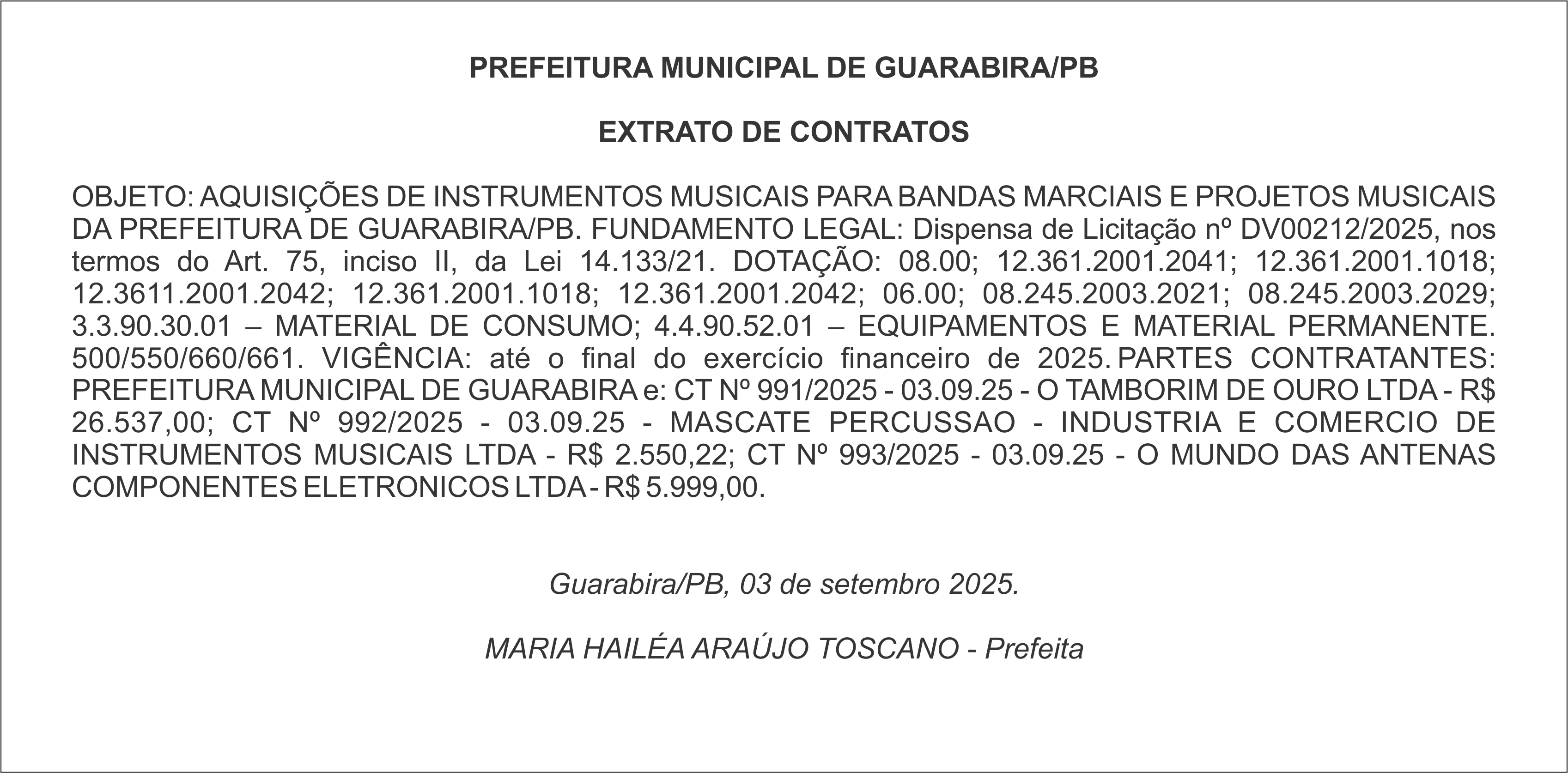 PREFEITURA MUNICIPAL DE GUARABIRA/PB – EXTRATO DE CONTRATOS