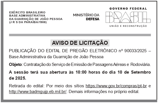 BASE ADMINISTRATIVA DA GUARNIÇÃO DE JOÃO PESSOA – AVISO DE LICITAÇÃO – PREGÃO ELETRÔNICO N° 90033/2025