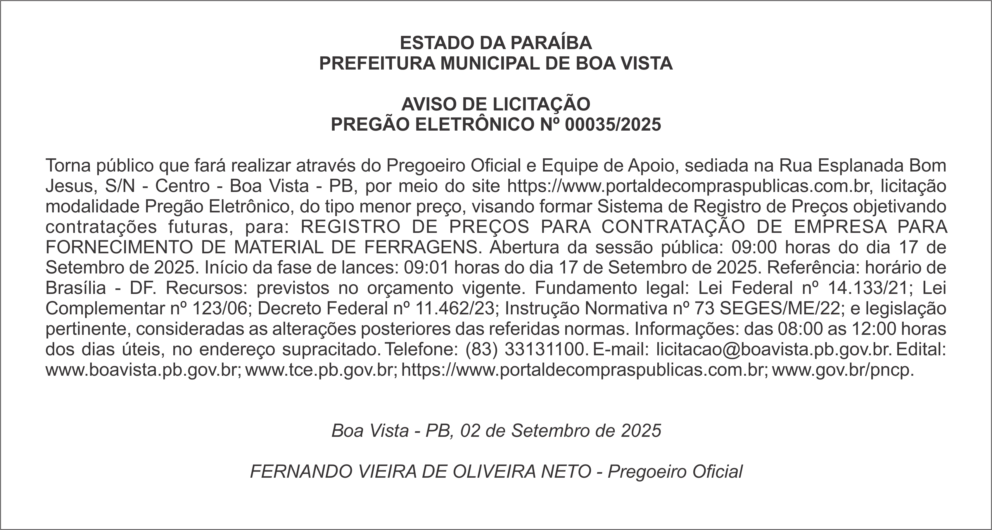 PREFEITURA MUNICIPAL DE BOA VISTA – AVISO DE LICITAÇÃO – PREGÃO ELETRÔNICO Nº 00035/2025