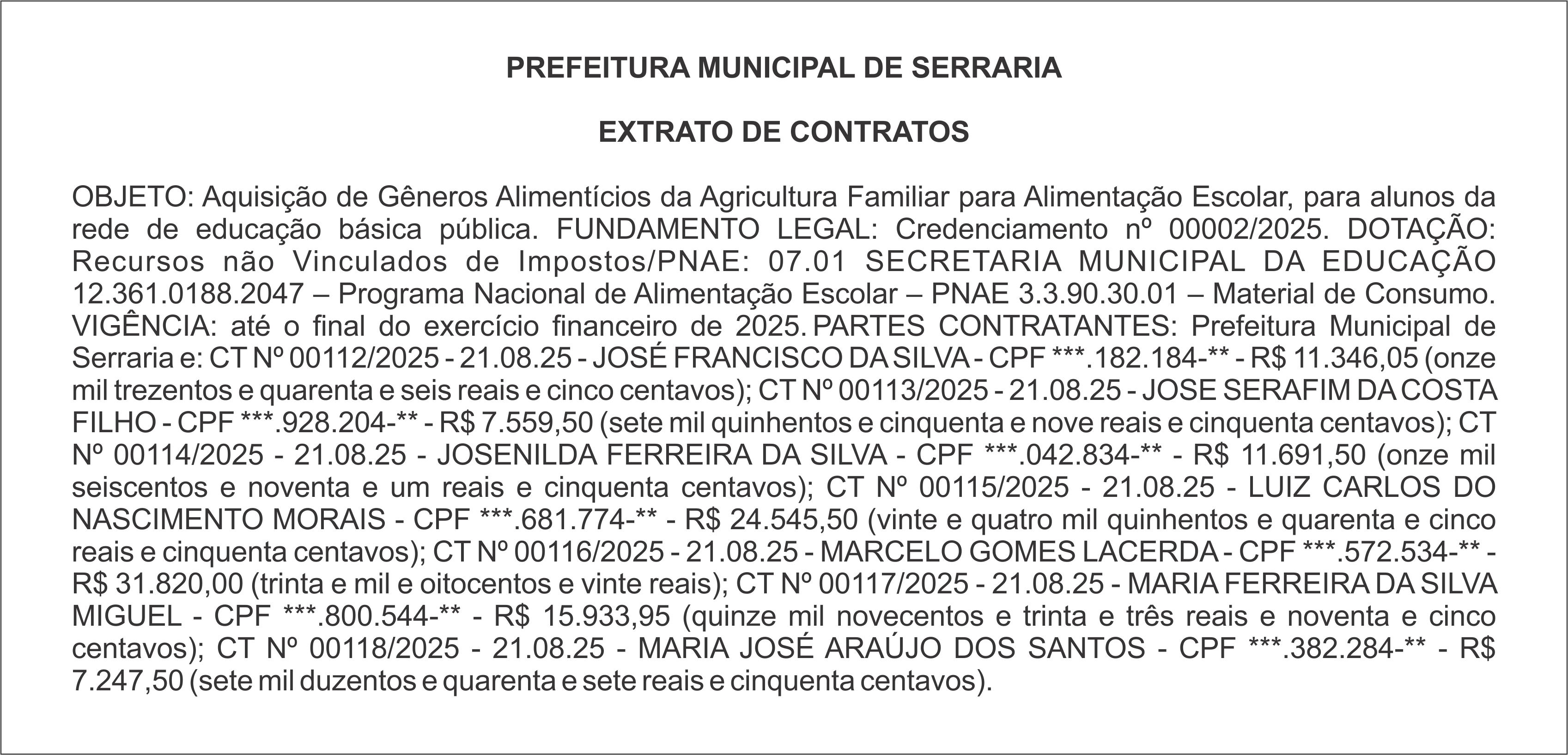 PREFEITURA MUNICIPAL DE SERRARIA – EXTRATO DE CONTRATOS