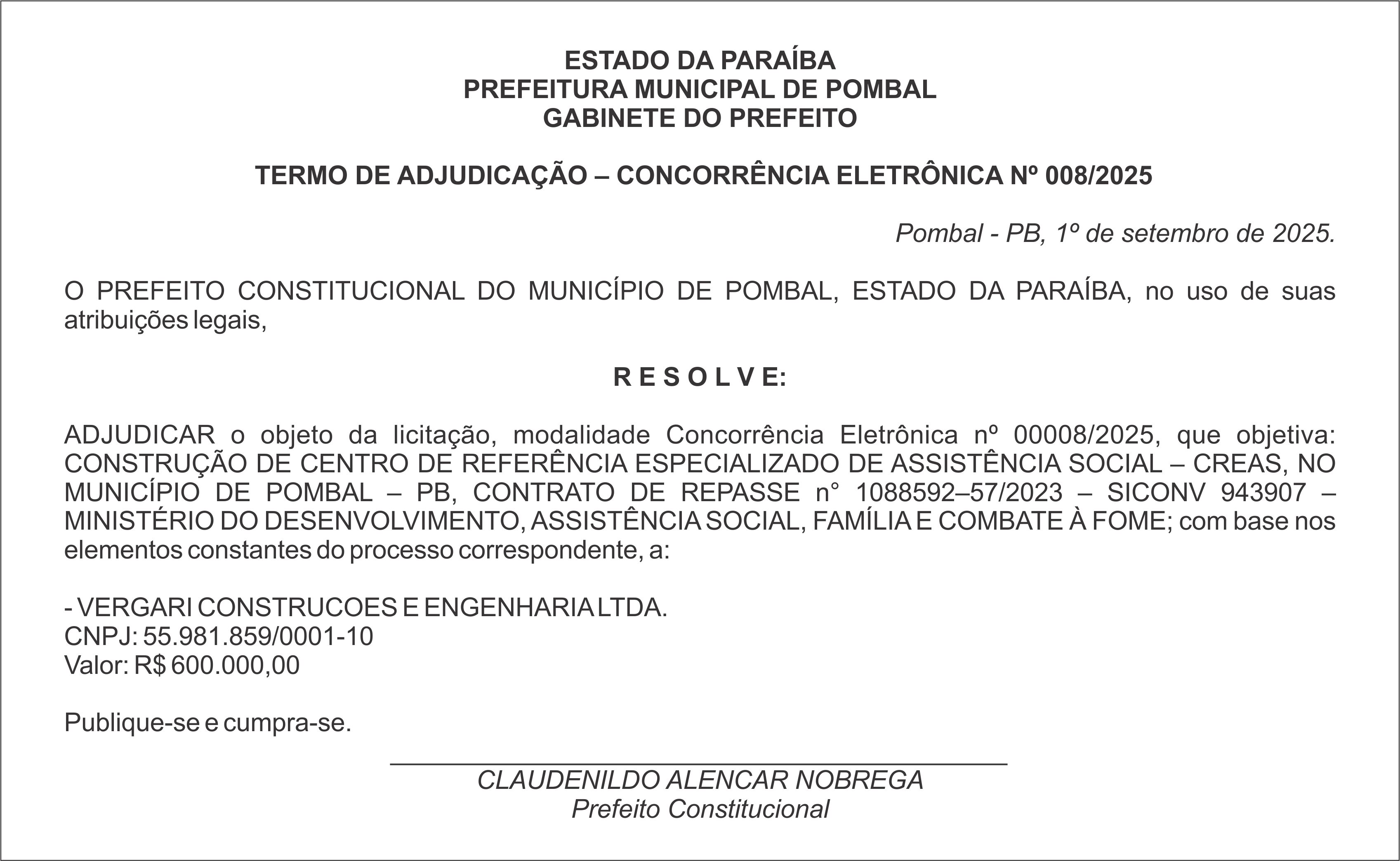 PREFEITURA MUNICIPAL DE POMBAL – TERMO DE ADJUDICAÇÃO – CONCORRÊNCIA ELETRÔNICA Nº 008/2025
