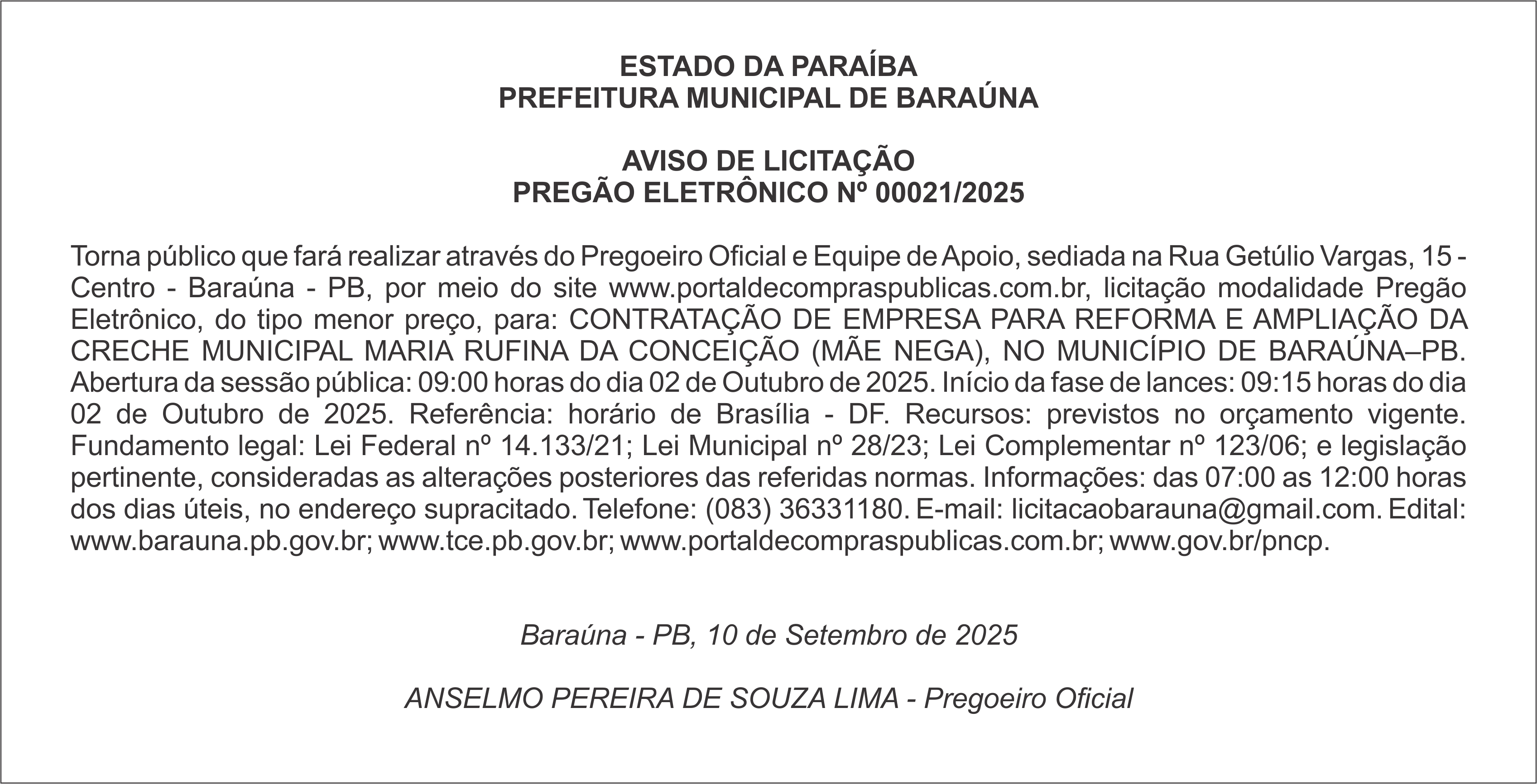 PREFEITURA MUNICIPAL DE BARAÚNA – AVISO DE LICITAÇÃO – PREGÃO ELETRÔNICO Nº 00021/2025