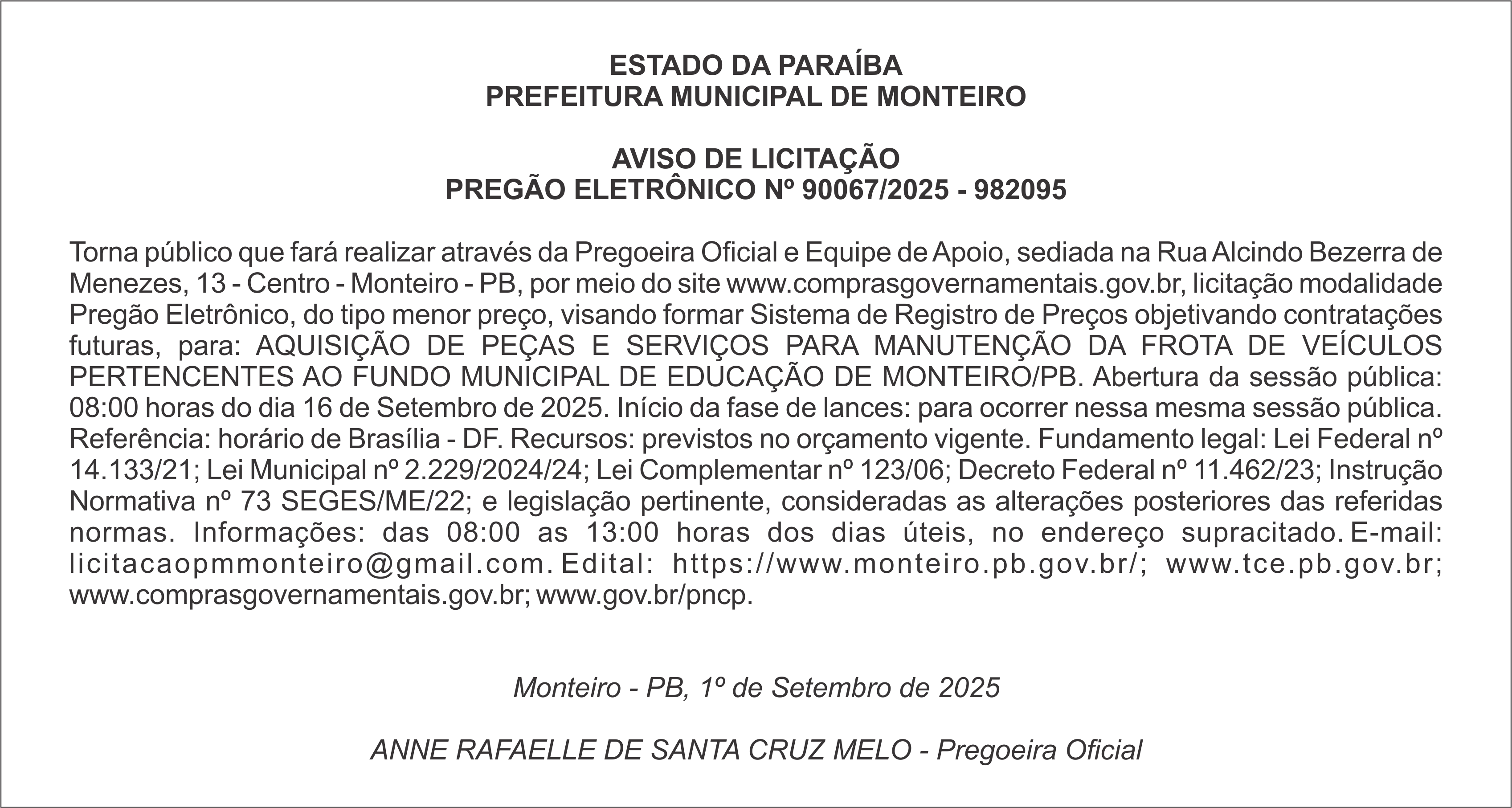 PREFEITURA MUNICIPAL DE MONTEIRO – AVISO DE LICITAÇÃO – PREGÃO ELETRÔNICO Nº 90067/2025 – 982095