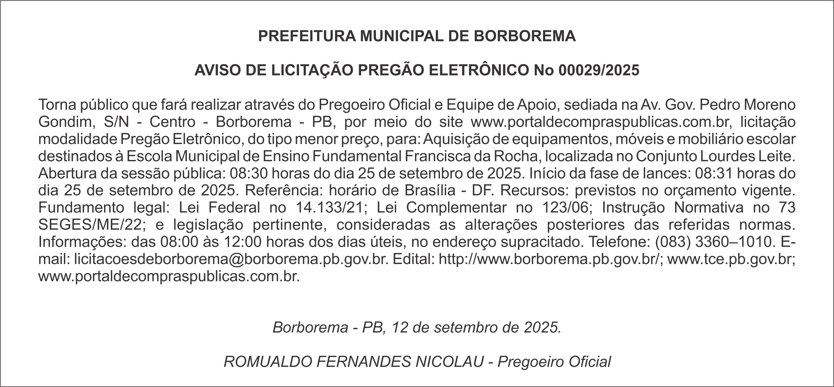 PREFEITURA MUNICIPAL DE BORBOREMA – AVISO DE LICITAÇÃO – PREGÃO ELETRÔNICO No 00029/2025
