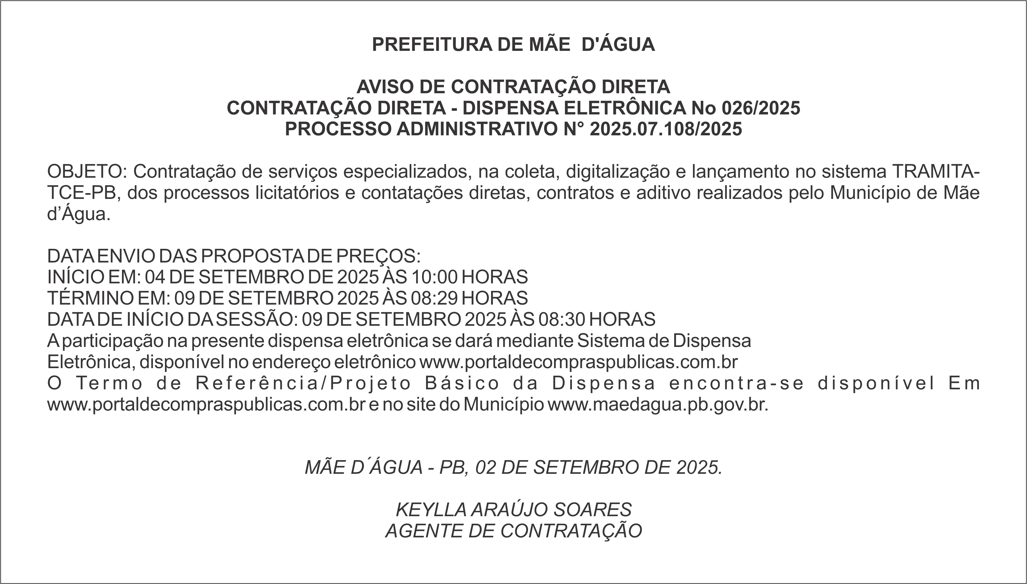 PREFEITURA DE MÃE D’ÁGUA – AVISO DE CONTRATAÇÃO DIRETA – DISPENSA ELETRÔNICA No 026/2025