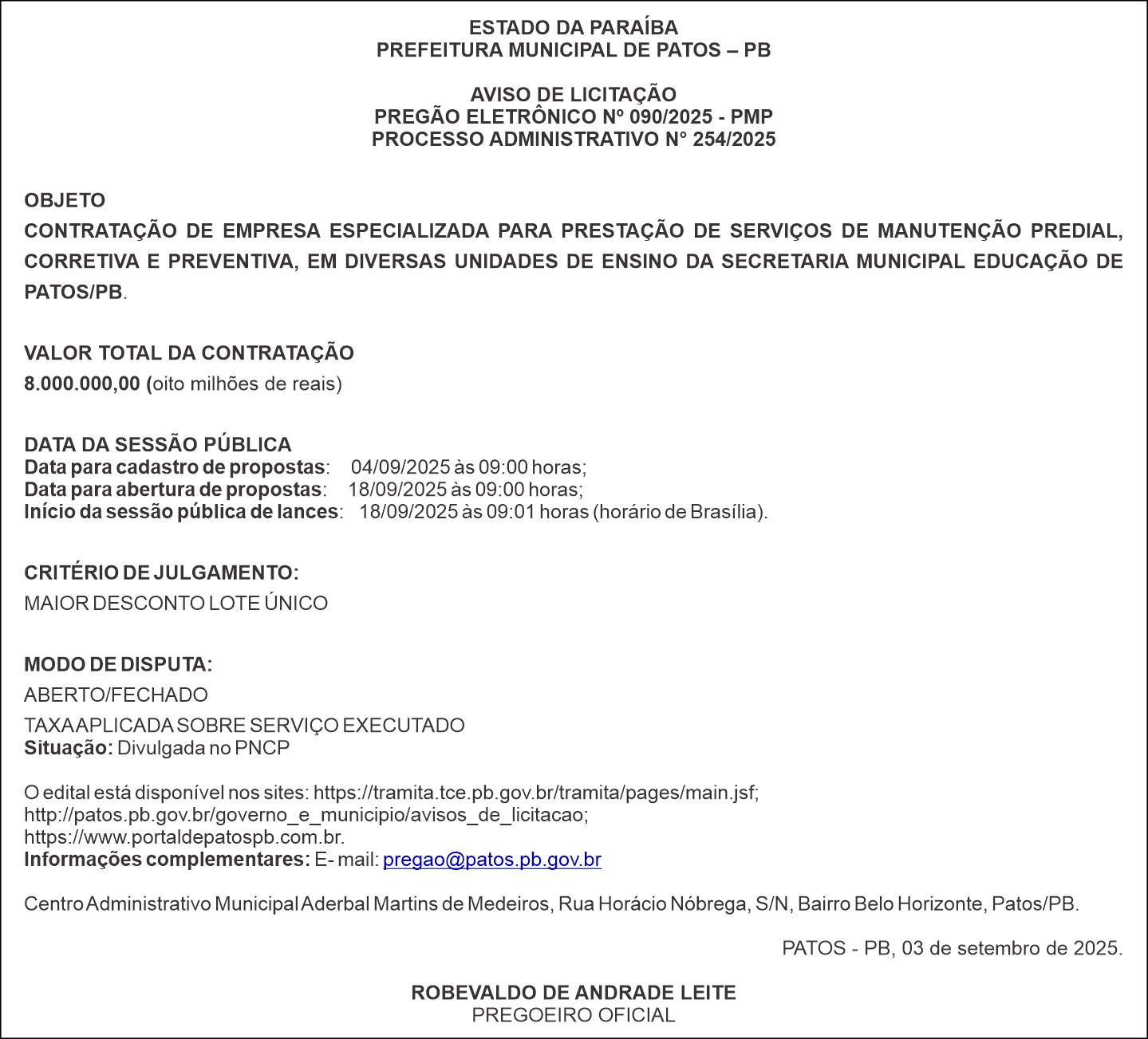 PREFEITURA MUNICIPAL DE PATOS – PB  AVISO DE LICITAÇÃO – PREGÃO ELETRÔNICO Nº 090/2025 – PMP
