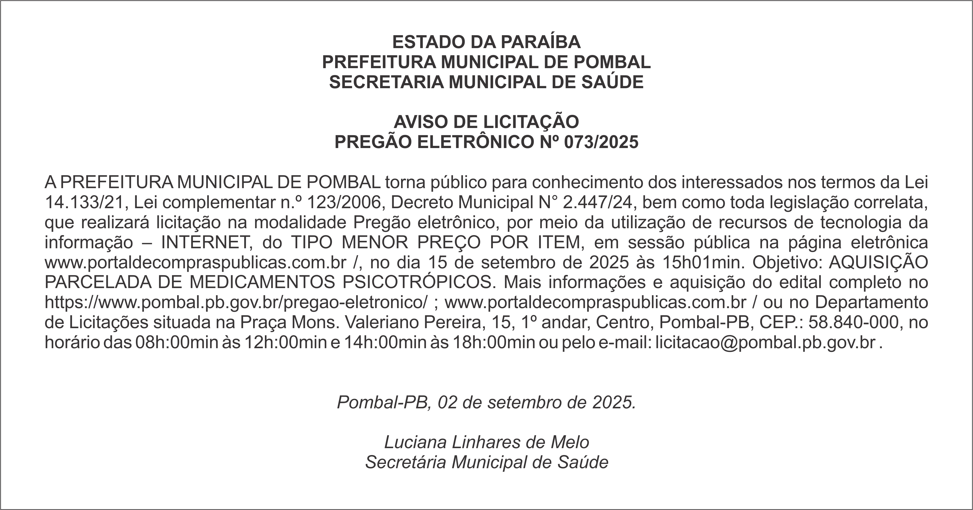 PREFEITURA MUNICIPAL DE POMBAL – AVISO DE LICITAÇÃO – PREGÃO ELETRÔNICO Nº 073/2025