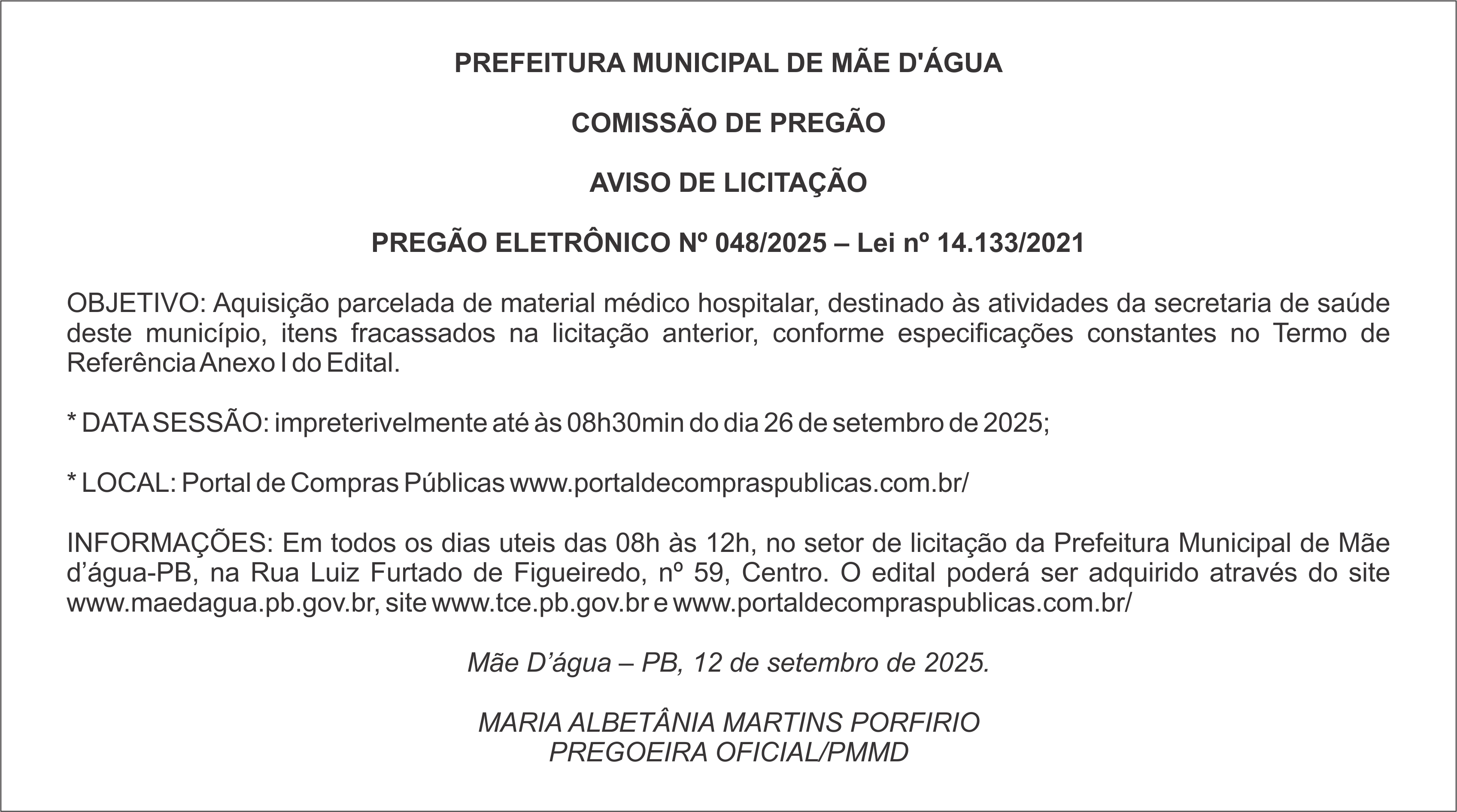 PREFEITURA DE MÃE D’ÁGUA – AVISO DE LICITAÇÃO – PREGÃO ELETRÔNICO Nº 048/2025