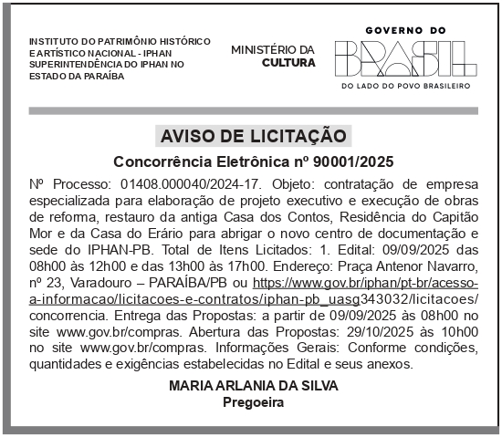 IPHAN – DF – BRASILIA – Aviso de Licitação – Concorrência 90001/2025 – Retificação PB