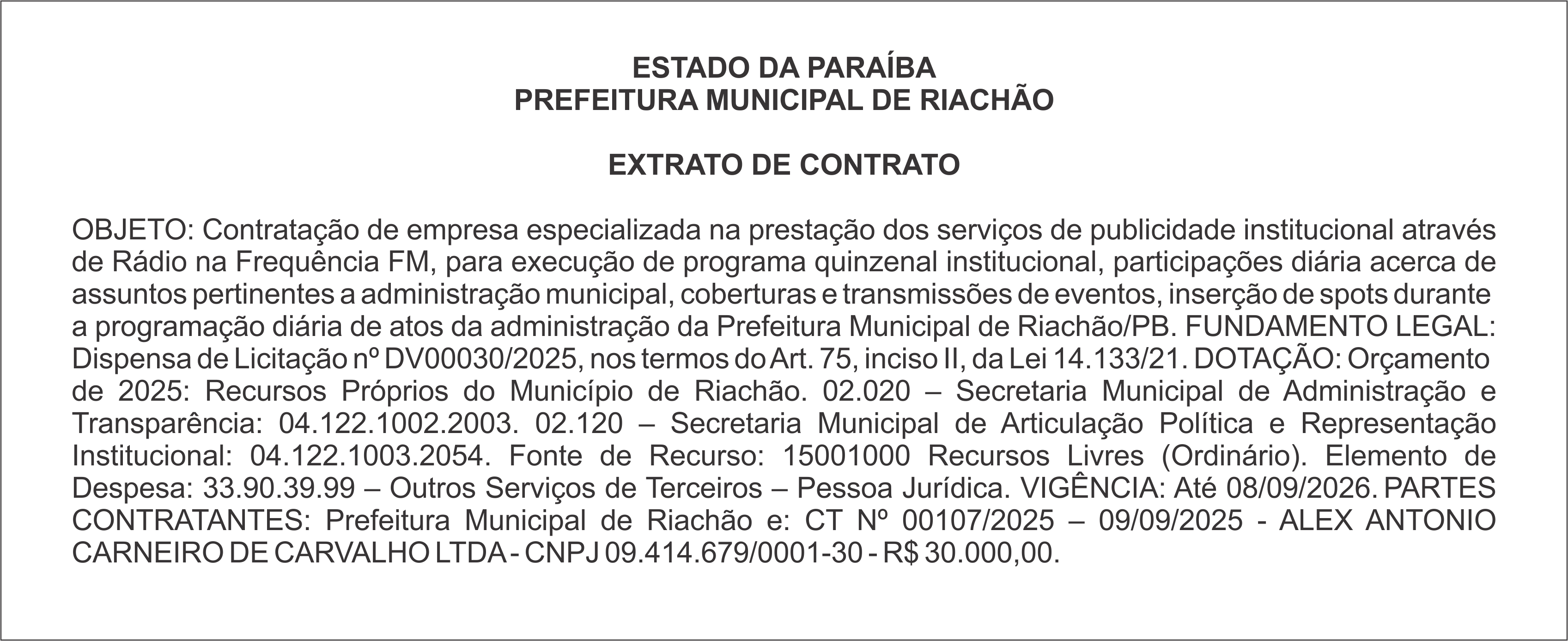 PREFEITURA MUNICIPAL DE RIACHÃO – EXTRATO DE CONTRATO