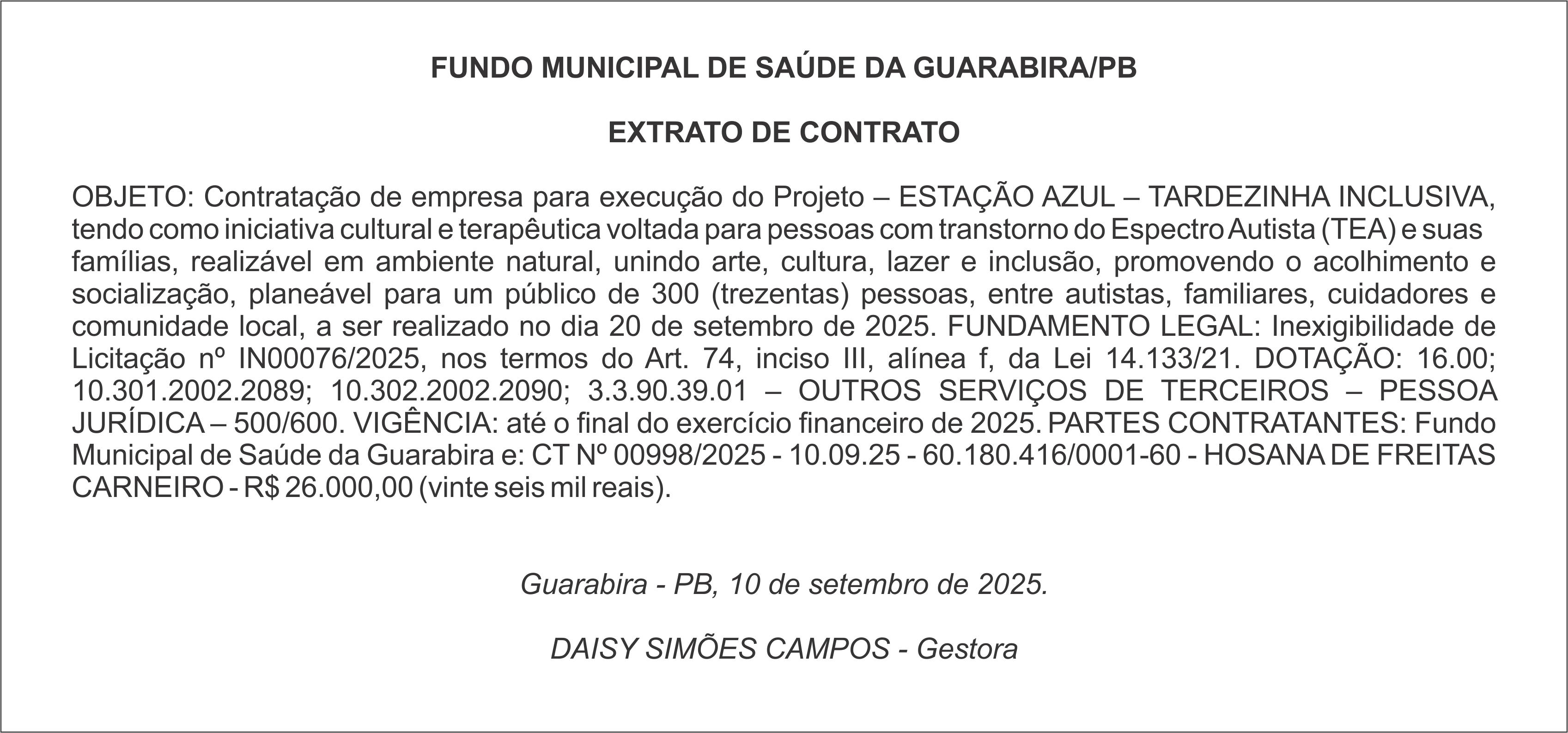FUNDO MUNICIPAL DE SAÚDE DA GUARABIRA/PB – EXTRATO DE CONTRATO