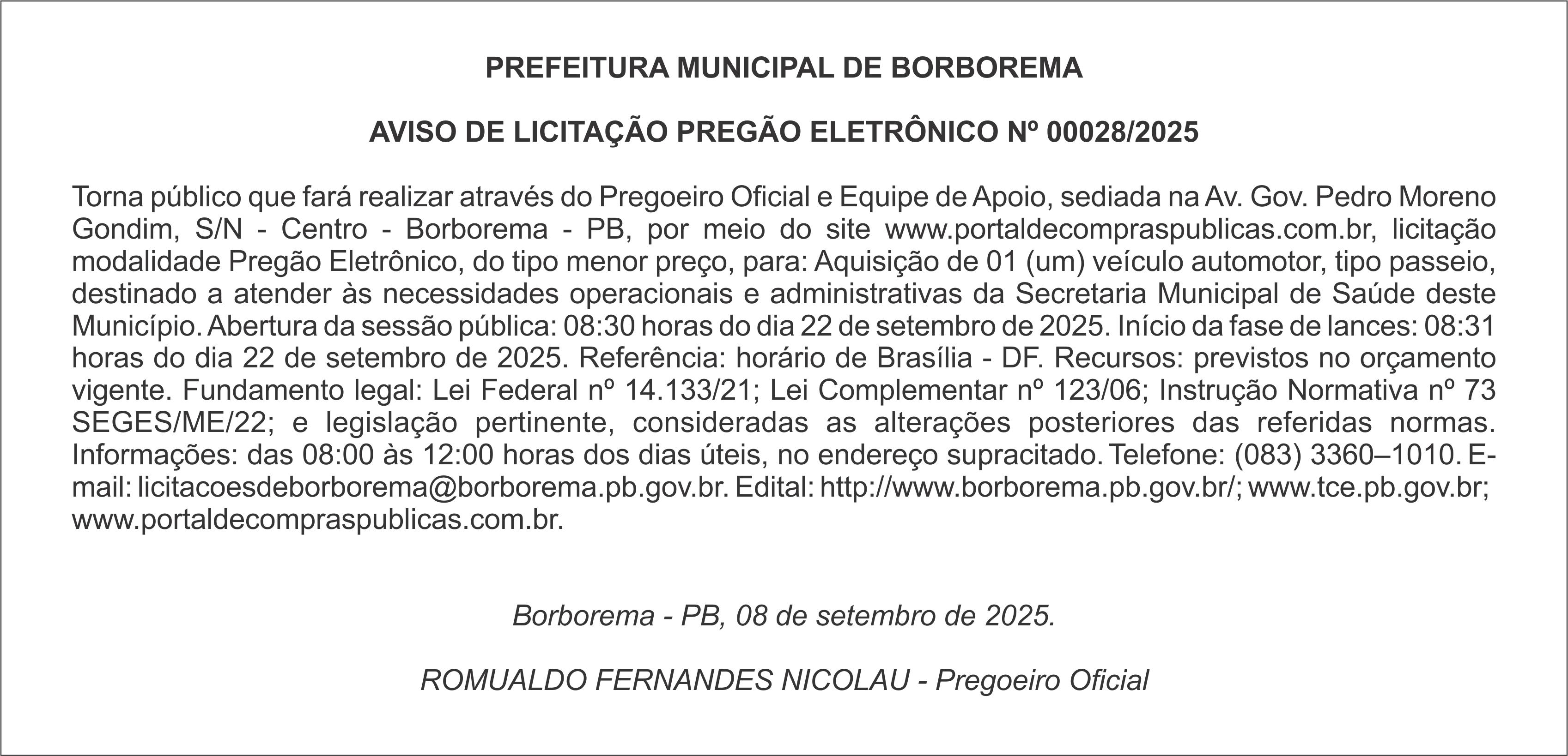 PREFEITURA MUNICIPAL DE BORBOREMA – AVISO DE LICITAÇÃO – PREGÃO ELETRÔNICO Nº 00028/2025