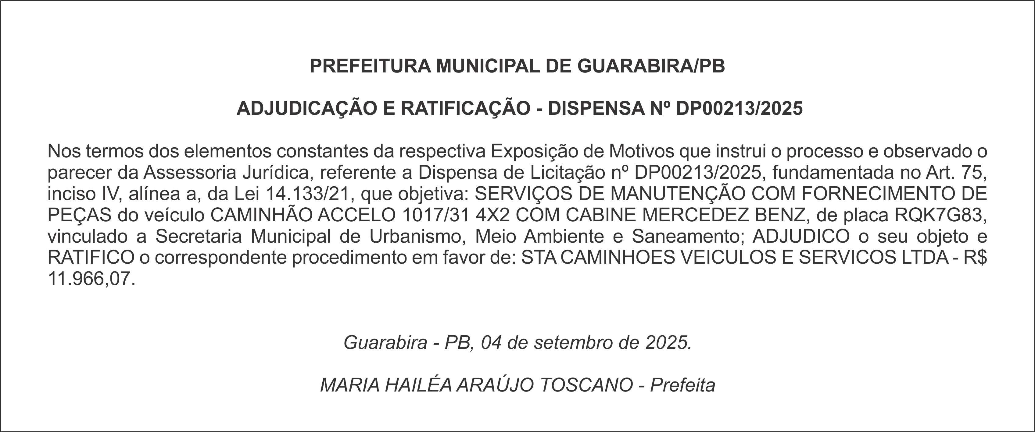 PREFEITURA MUNICIPAL DE GUARABIRA/PB – ADJUDICAÇÃO E RATIFICAÇÃO – DISPENSA Nº DP00213/2025