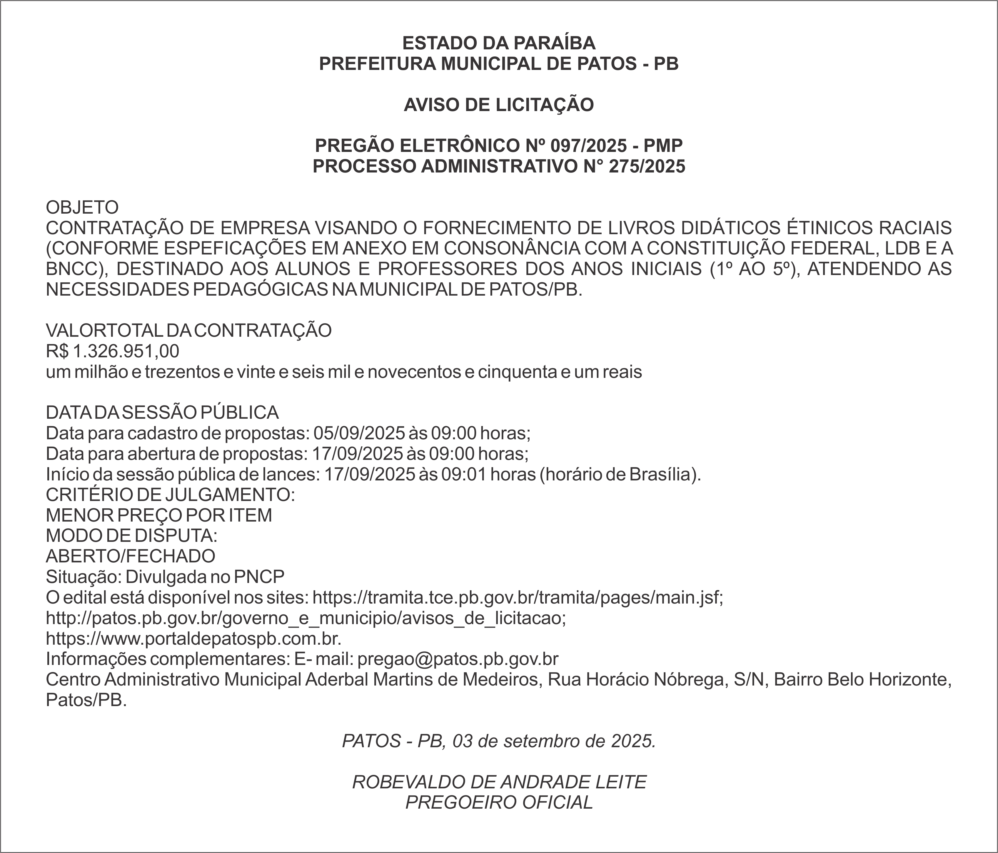 PREFEITURA MUNICIPAL DE PATOS – PB – PREGÃO ELETRÔNICO Nº 097/2025 – PMP
