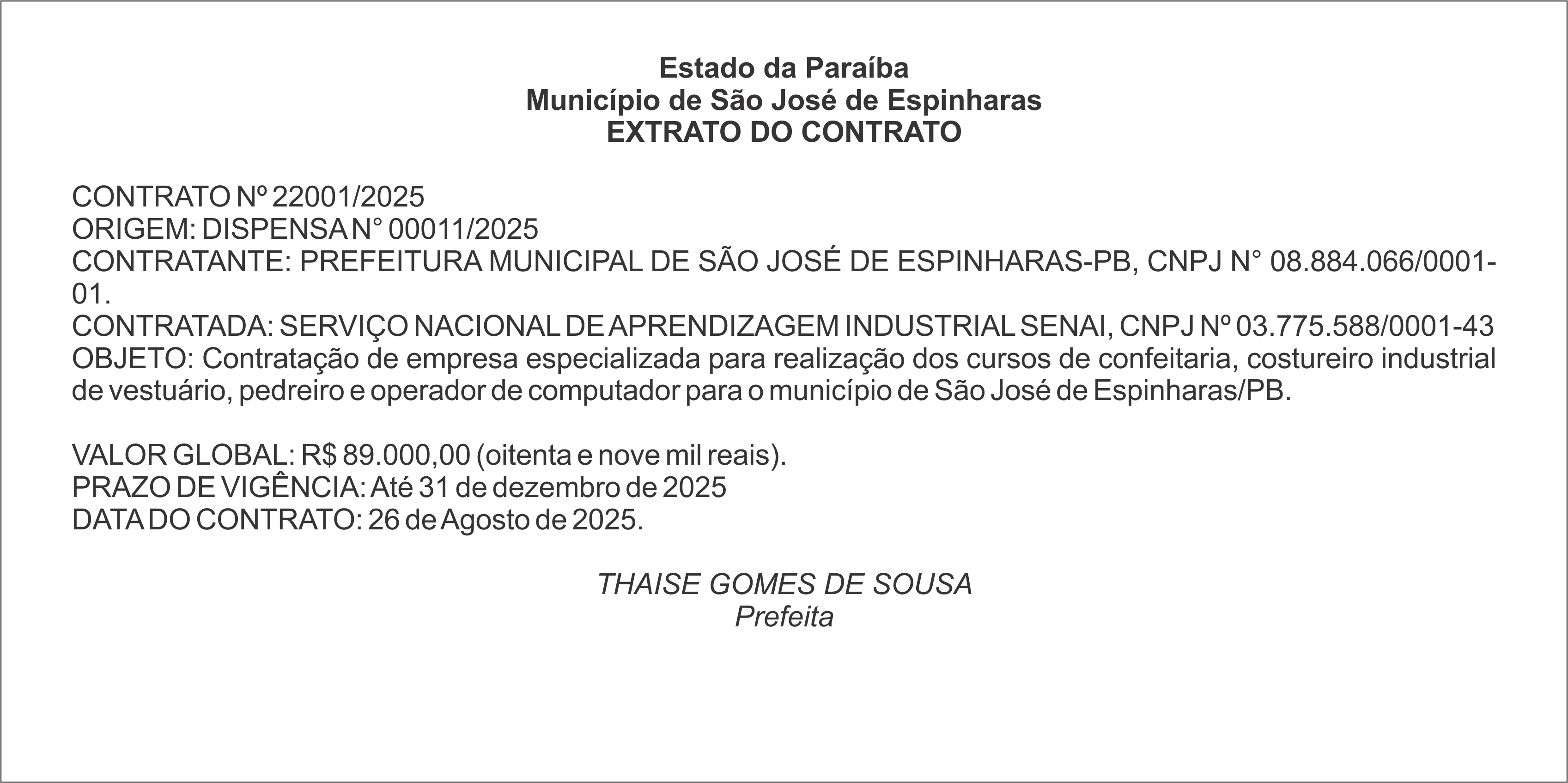 Município de São José de Espinharas – EXTRATO DO CONTRATO