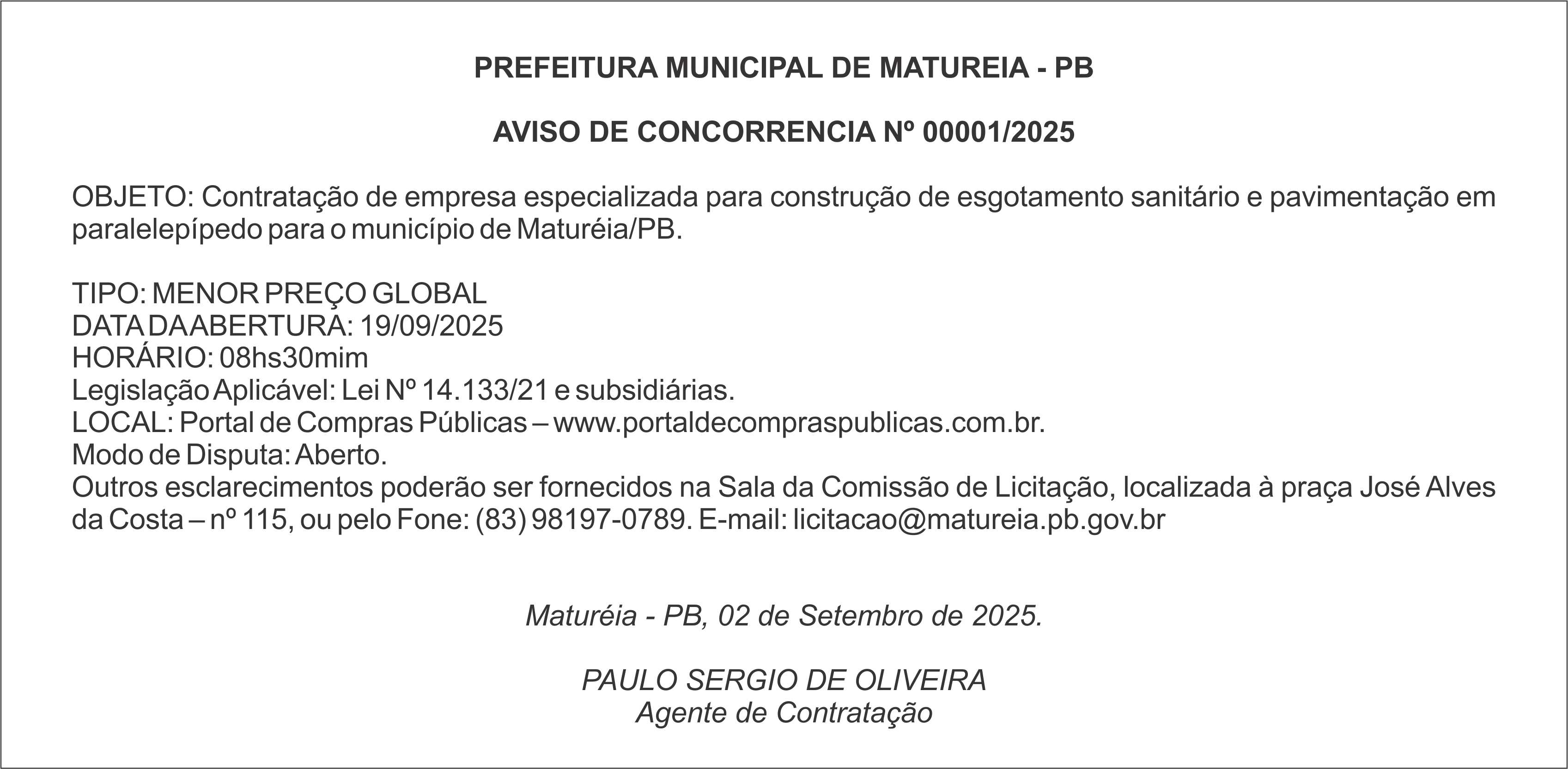 PREFEITURA MUNICIPAL DE MATUREIA – PB  – AVISO DE CONCORRENCIA Nº 00001/2025