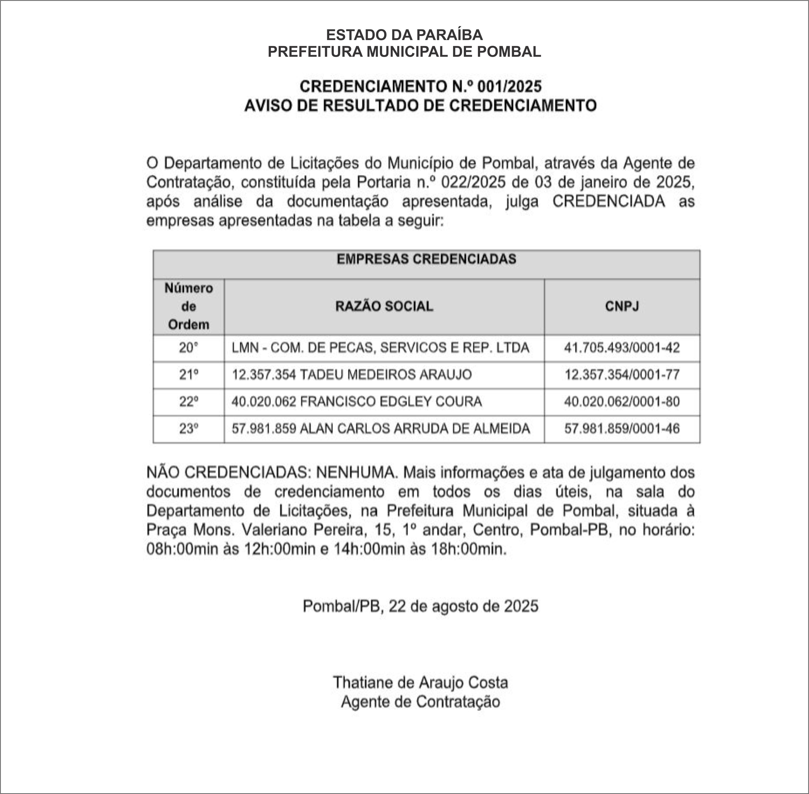 PREFEITURA MUNICIPAL DE POMBAL – CREDENCIAMENTO N.º 001/2025 AVISO DE RESULTADO DE CREDENCIAMENTO