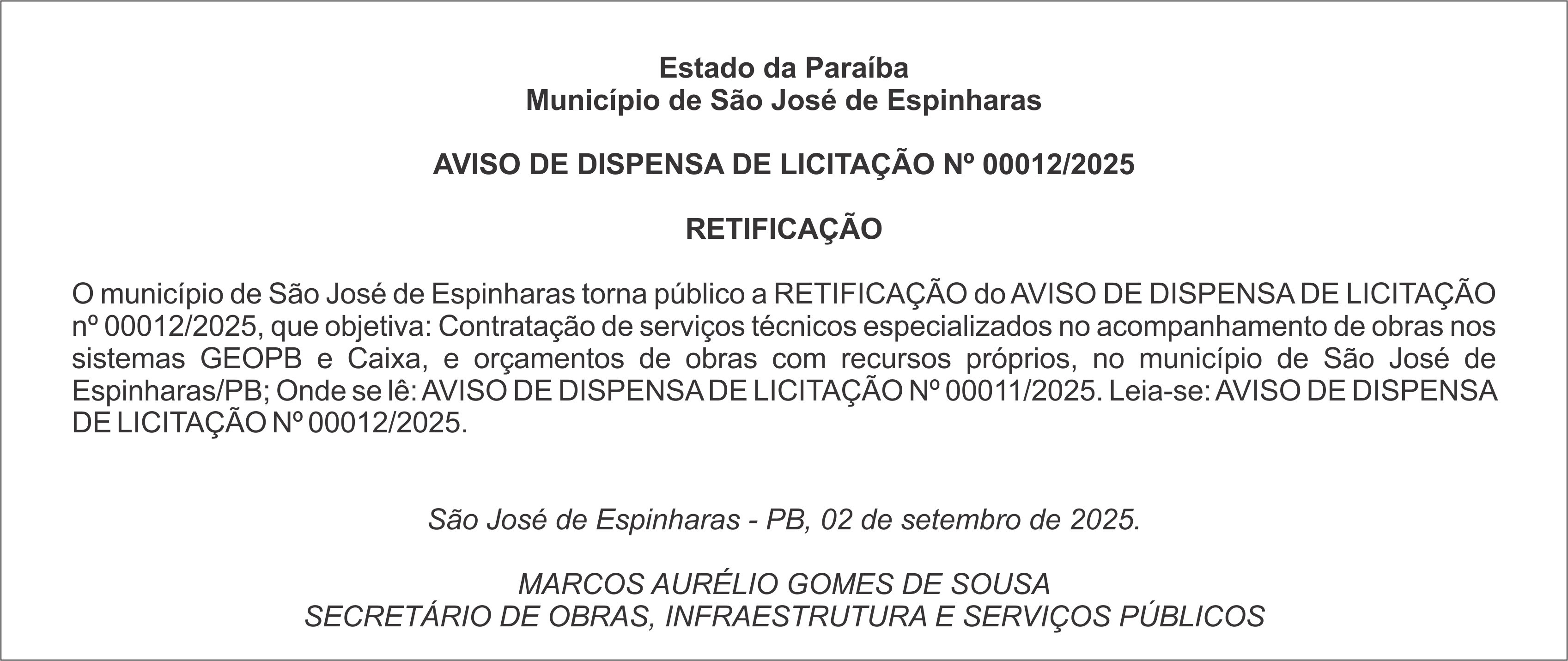 Município de São José de Espinharas – AVISO DE DISPENSA DE LICITAÇÃO Nº 00012/2025 – RETIFICAÇÃO