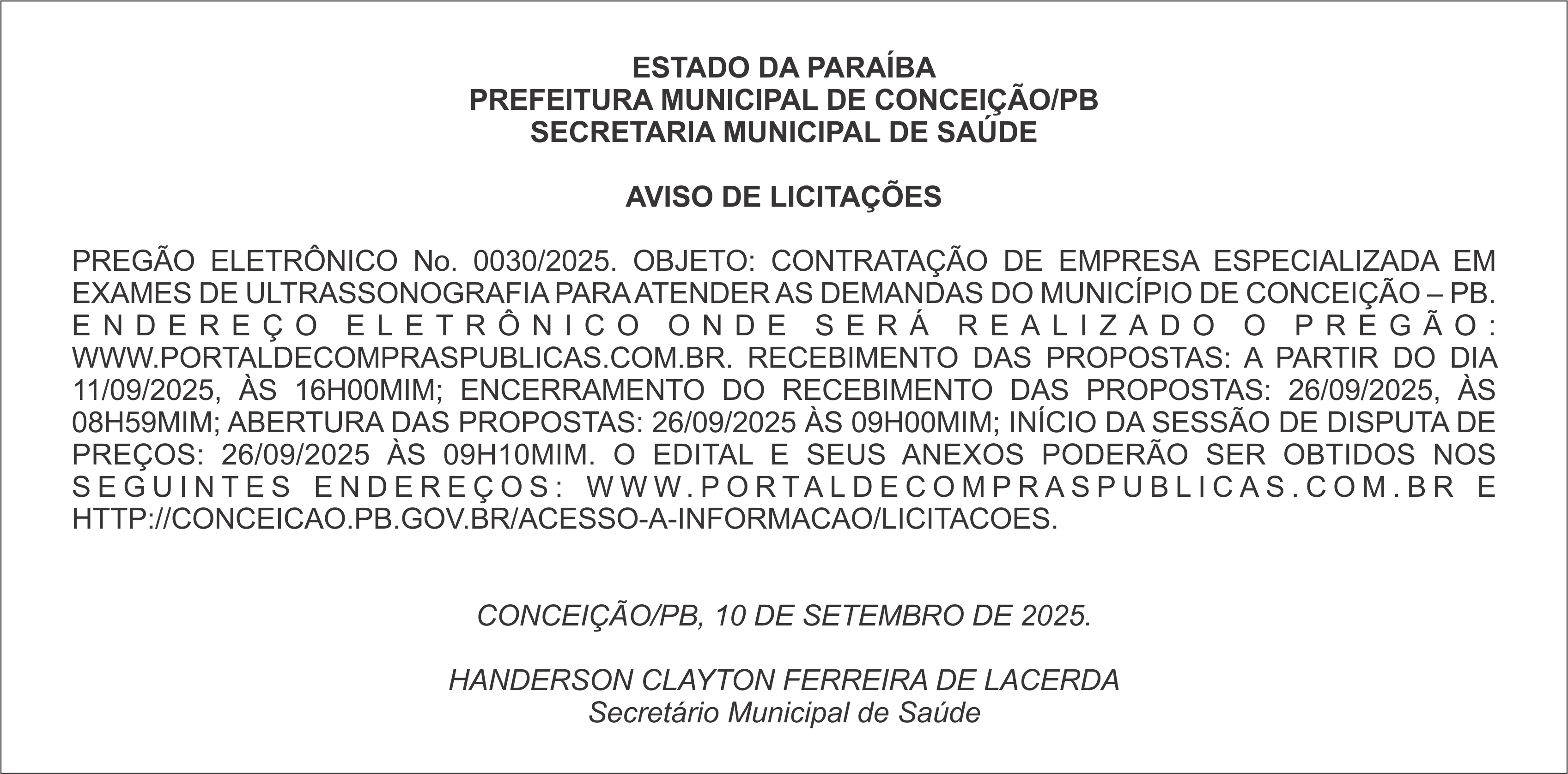 PREFEITURA MUNICIPAL DE CONCEIÇÃO/PB – AVISO DE LICITAÇÕES – PREGÃO ELETRÔNICO No. 0030/2025