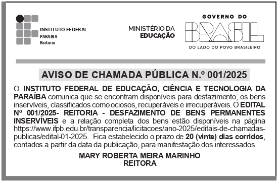 IFPB – PB – JOÃO PESSOA – REITORIA – AVISO DE CHAMADA PÚBLICA n.o 001/2025