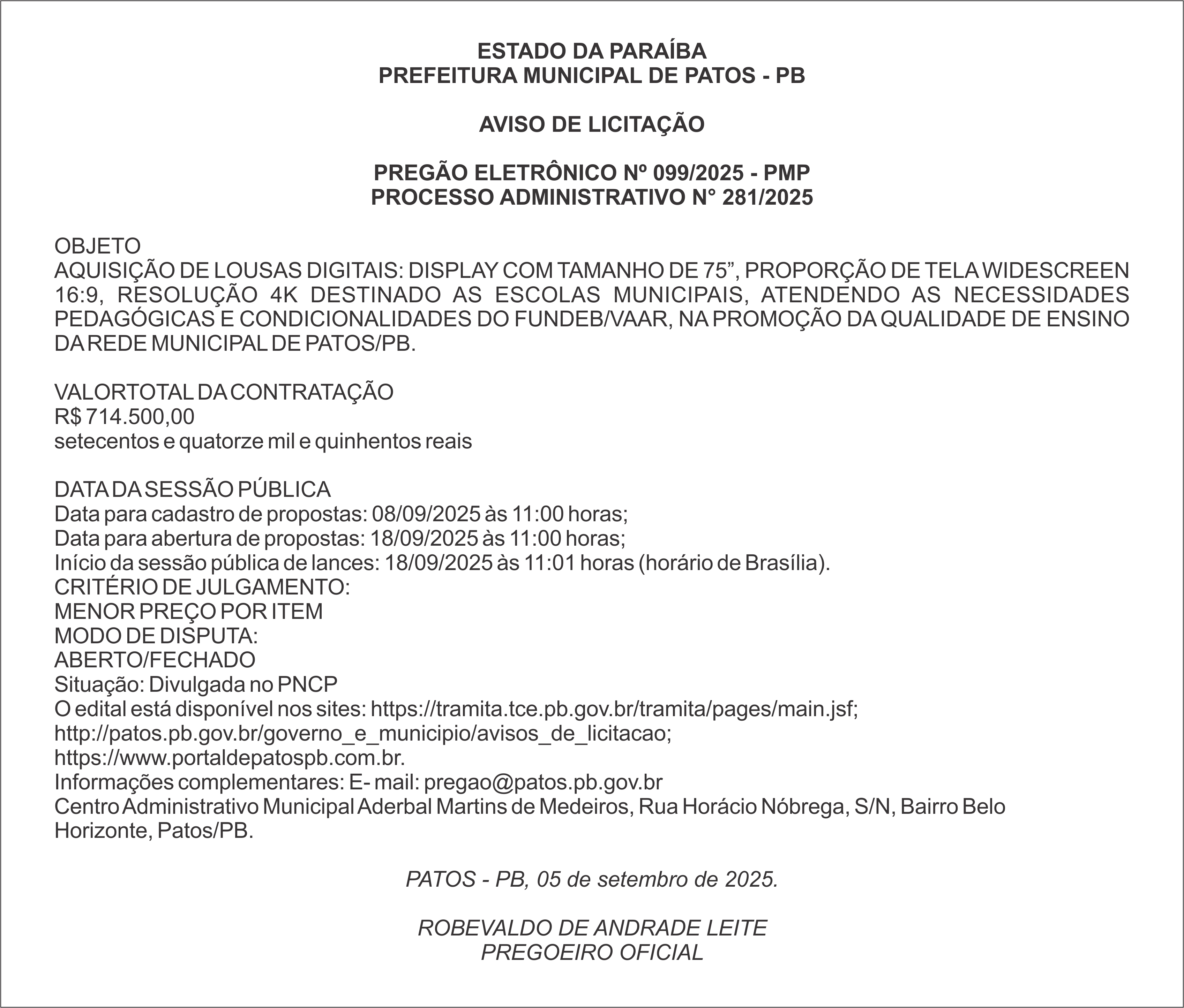 PREFEITURA MUNICIPAL DE PATOS – PB – PREGÃO ELETRÔNICO Nº 099/2025 – PMP