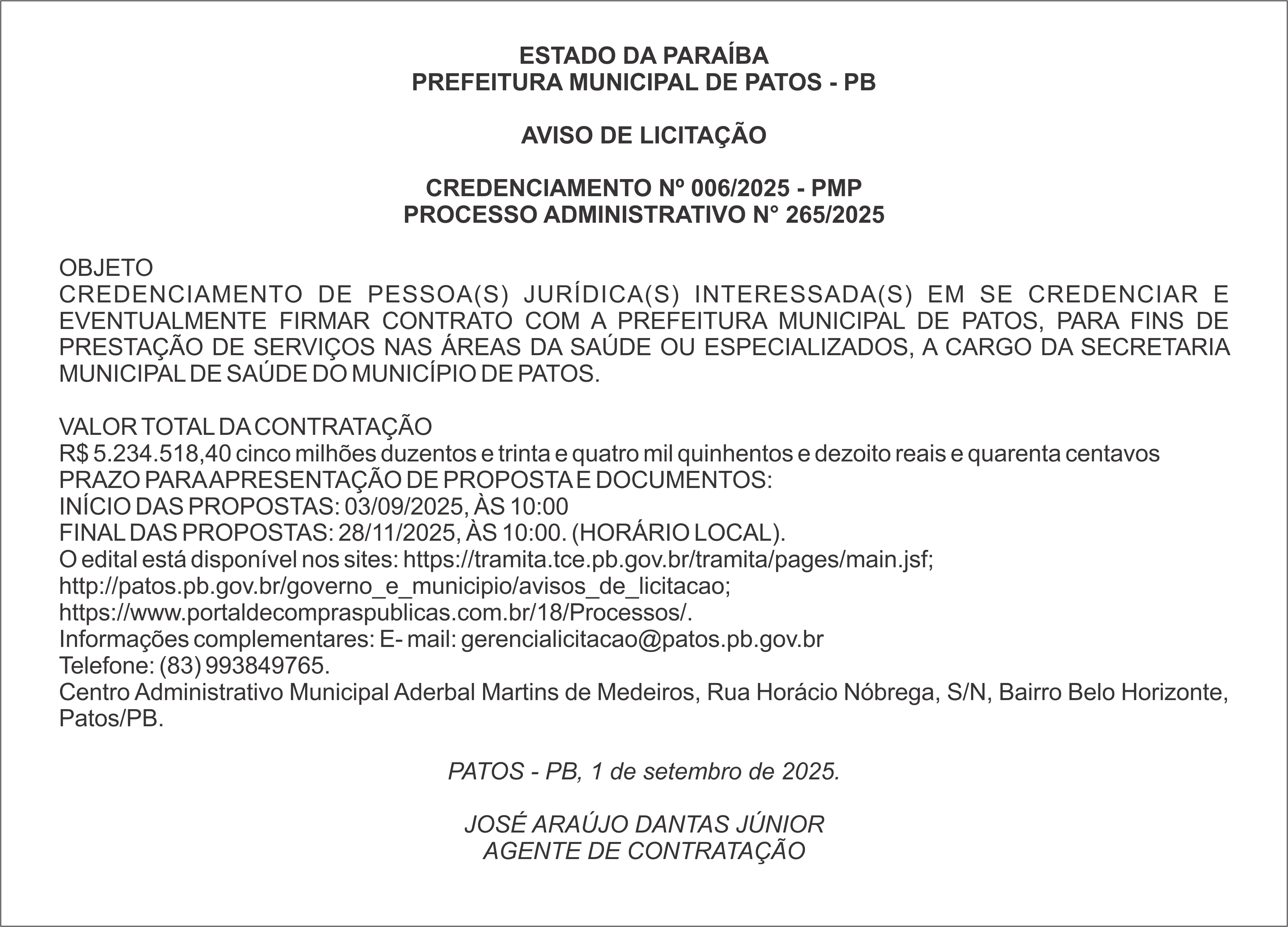 PREFEITURA MUNICIPAL DE PATOS – PB – CREDENCIAMENTO Nº 006/2025 – PMP