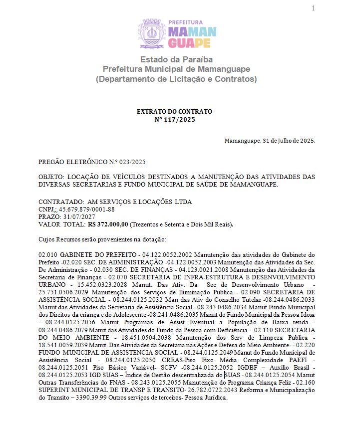 Prefeitura Municipal de Mamanguape – EXTRATO DO CONTRATO Nº 117/2025