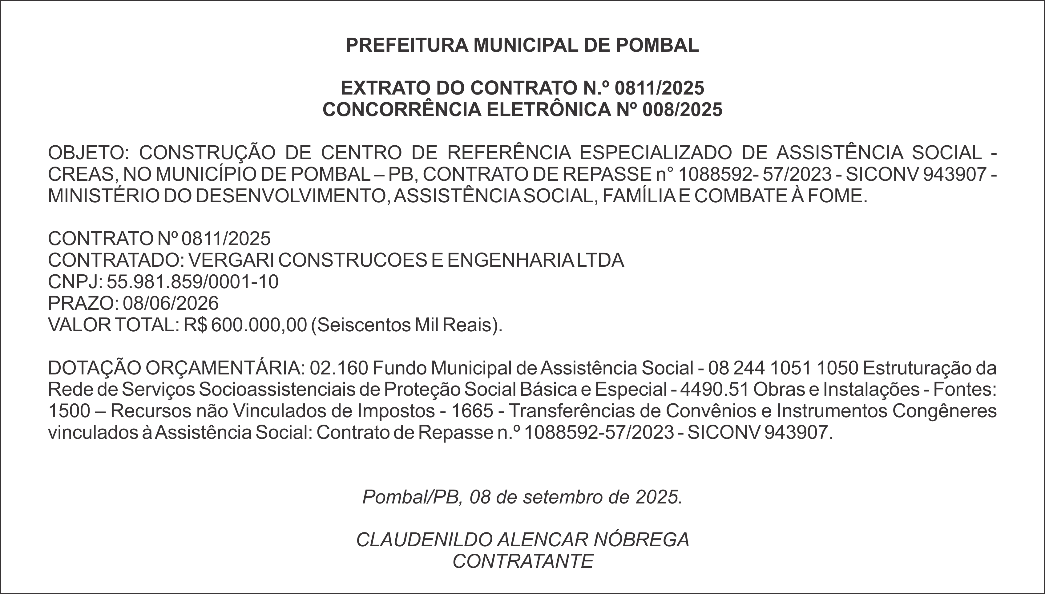 PREFEITURA MUNICIPAL DE POMBAL – EXTRATO DO CONTRATO N.º 0811/2025 – CONCORRÊNCIA ELETRÔNICA Nº 008/2025