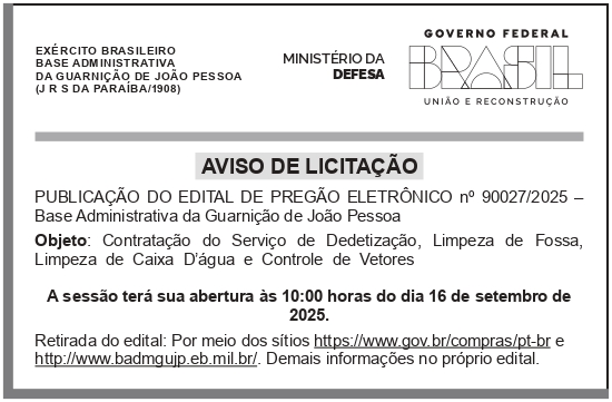 BASE ADMINISTRATIVA DA GUARNIÇÃO DE JOÃO PESSOA – PB – AVISO DE LICITAÇÃO – PREGÃO ELETRÔNICO N° 90027/2025