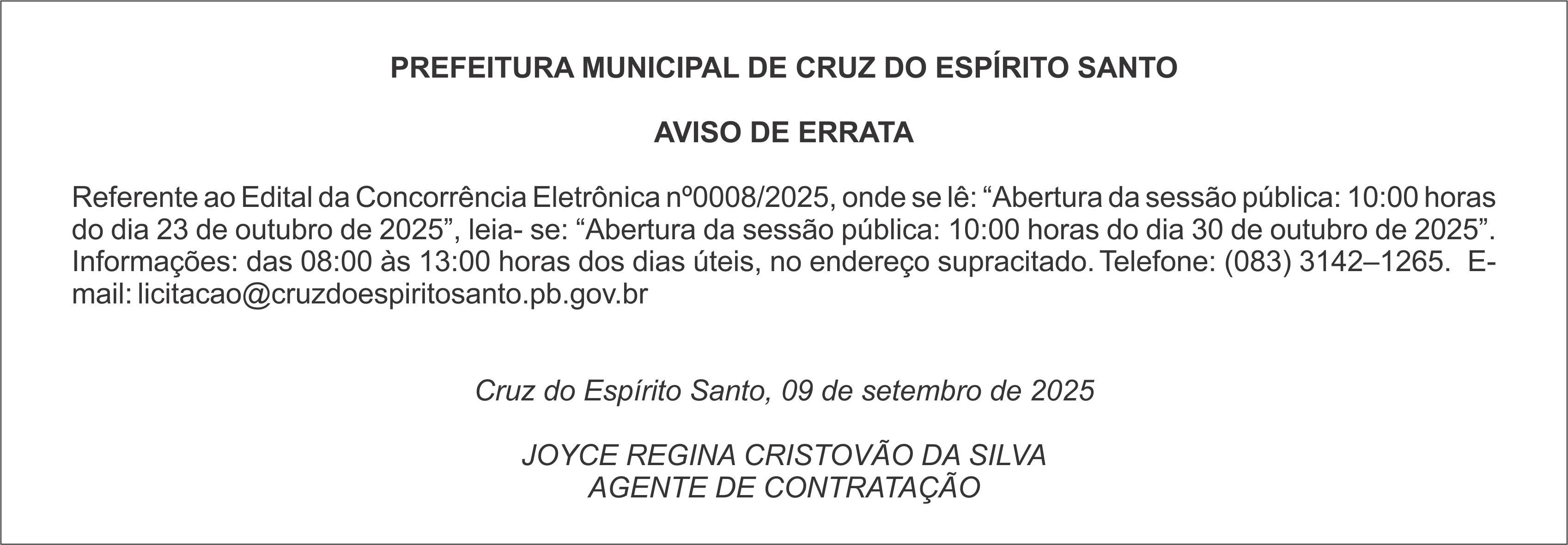 PREFEITURA MUNICIPAL DE CRUZ DE ESPÍRITO SANTO – AVISO DE ERRATA