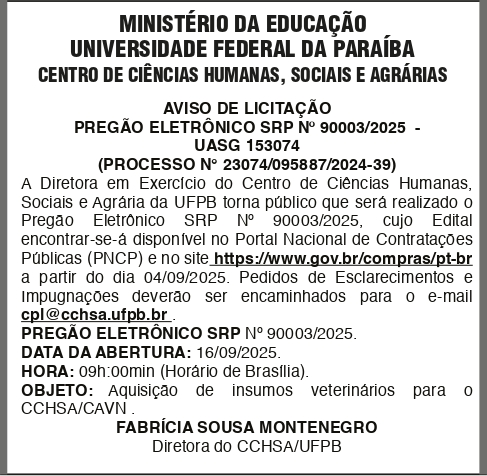 UFPB – PREGÃO ELETRÔNICO SRP No 90003/2025