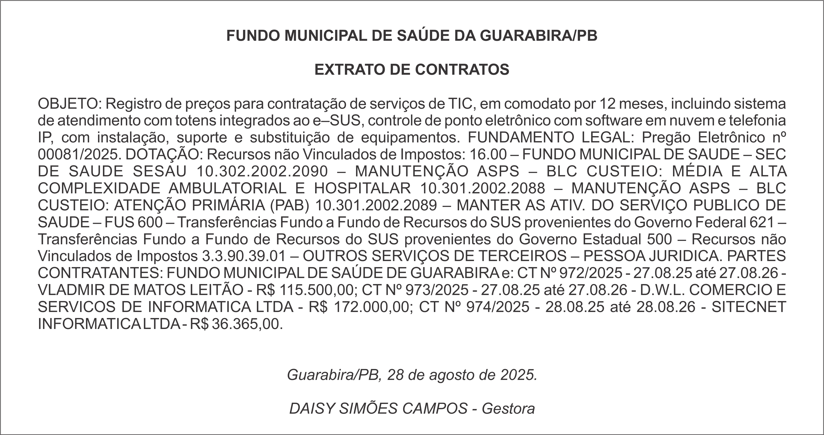 FUNDO MUNICIPAL DE SAÚDE DA GUARABIRA/PB – EXTRATO DE CONTRATOS