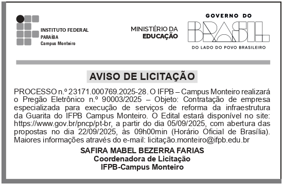 IFPB – PB – JOÃO PESSOA – REITORIA – EDITAL – PREGÃO ELETRÔNICO n.o 90003/2025 – CAMPUS MONTEIRO