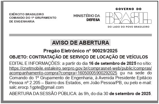 ESCRITÓRIO REGIONAL OPERAÇÃO CARRO PIPA DO 1° GPT E – AVISO PREGÃO SRP 90029/2025
